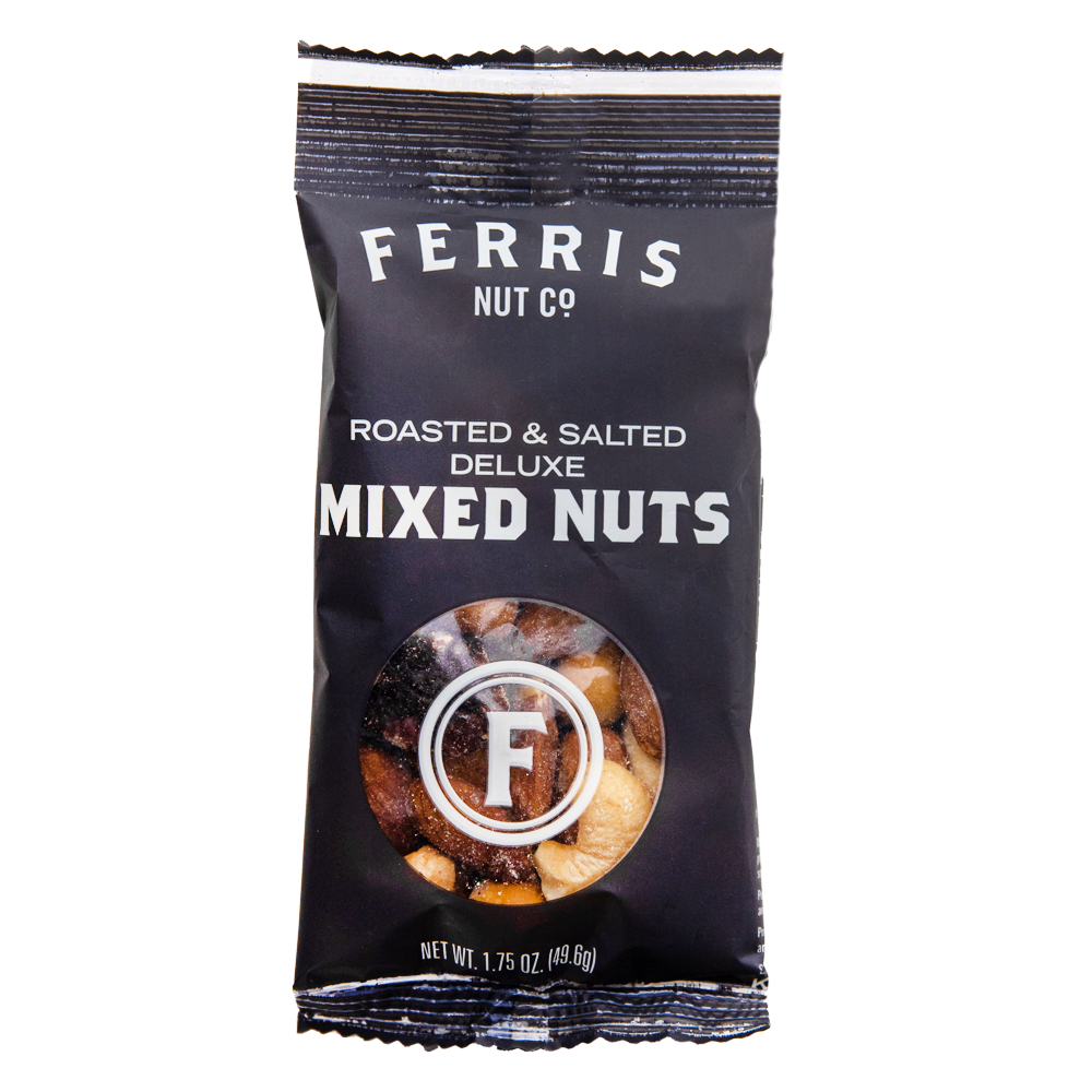Ferris Deluxe Mixed Nuts 1.75oz in a black bag with white text. Close-up shows jumbo cashews, pecans, almonds, and filberts. Perfect energy-packed snack in sleek mini bags.