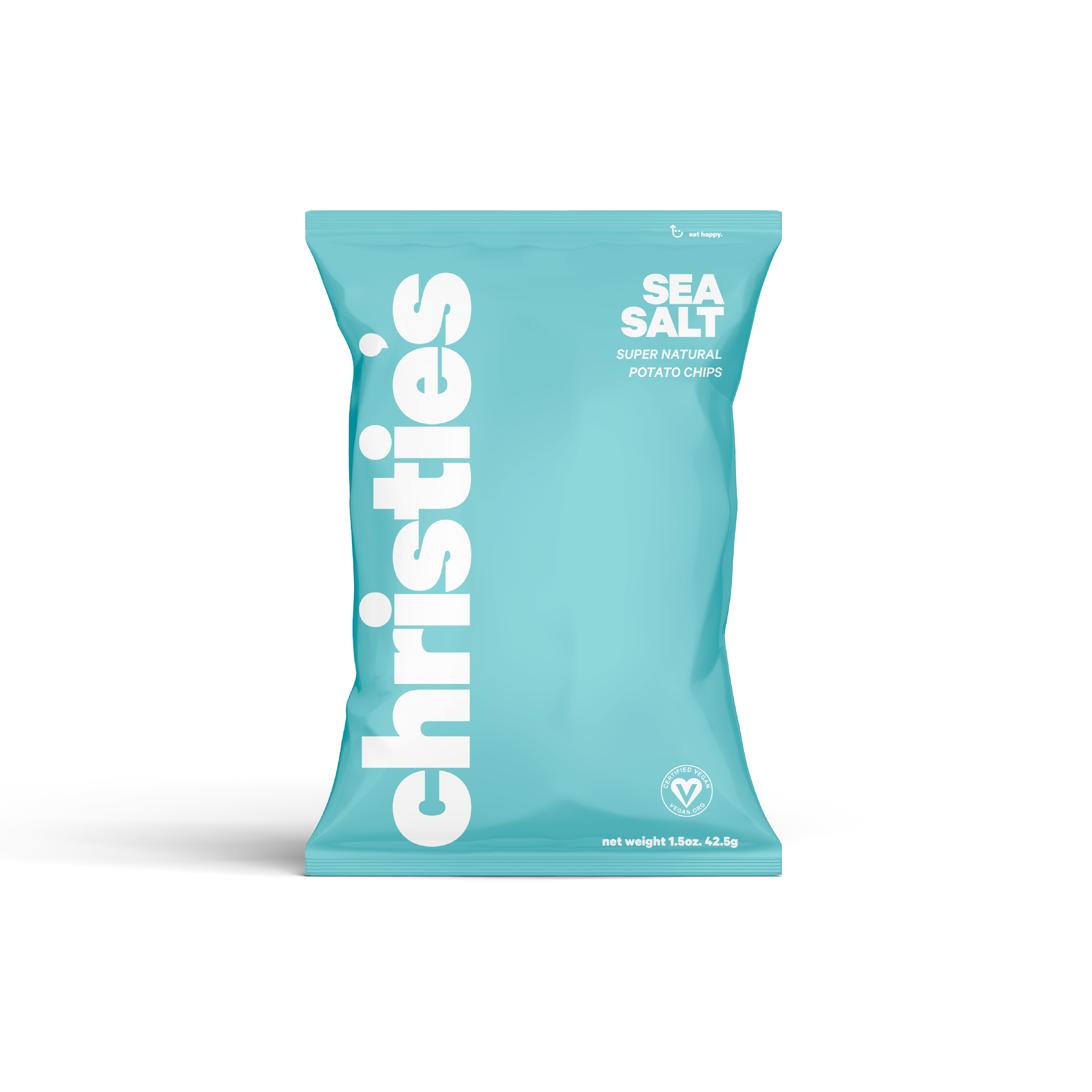 A blue snack bag with white Christie's logo and sea salt potato chips. Non-GMO, all natural, and certified vegan. Hand-packed fresh daily.
