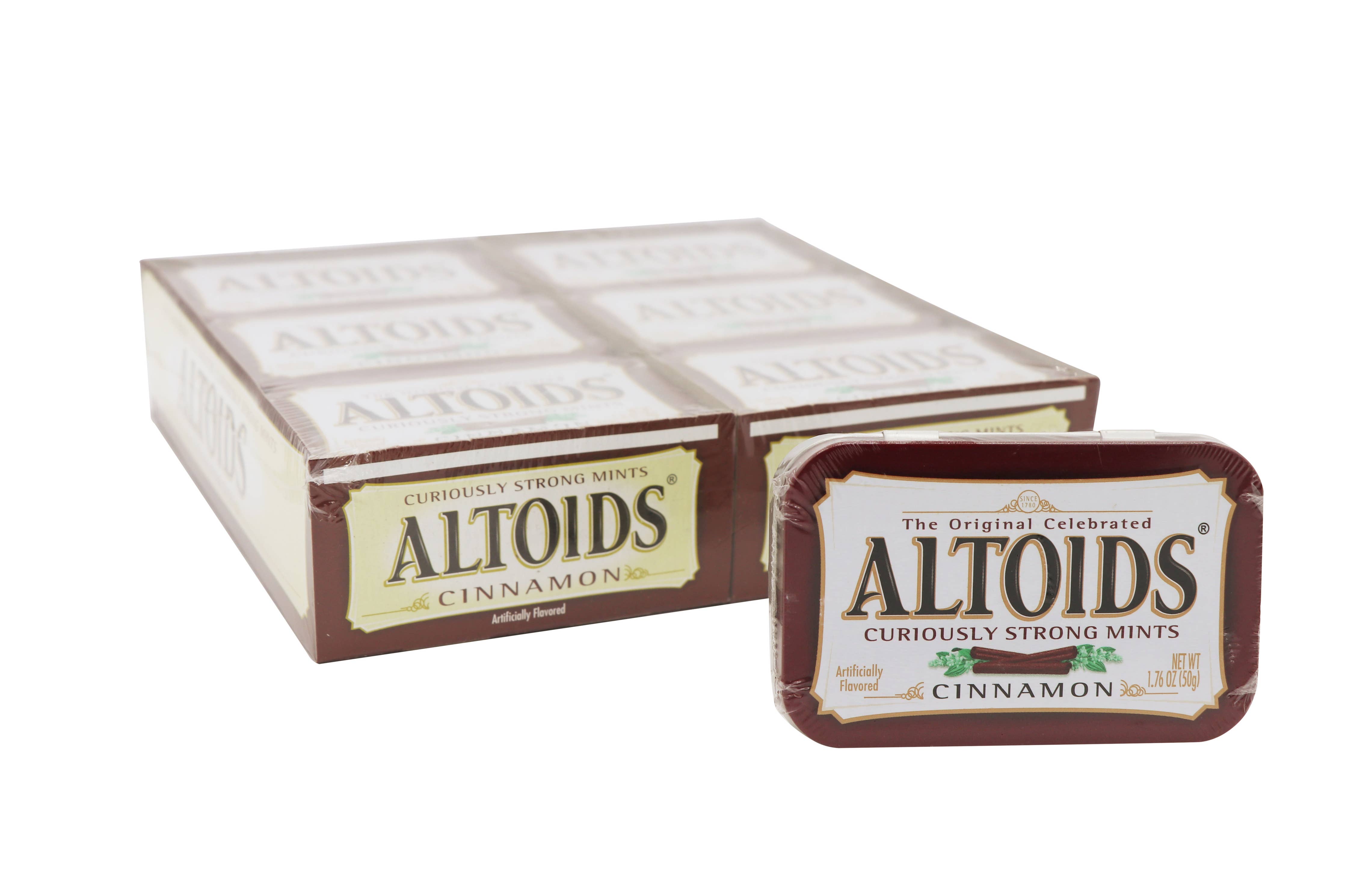 Altoids Cinnamon mints in a tin, close-up of packaging and label. Freshen breath with cinnamon flavor, perfect for on-the-go freshness.