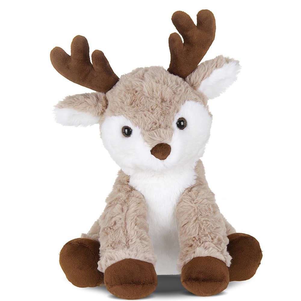 A close-up of Reiny the reindeer plush toy, featuring detailed fur, eye, and feet. Measures 11.5 sitting, perfect for holiday cheer.