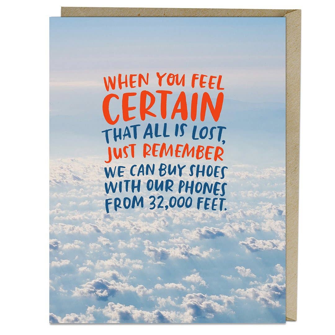 A card featuring text against a blue sky with clouds, embodying the sentiment of embracing new frontiers. A2 size, blank inside, printed on matte stock in the USA, with a kraft envelope.