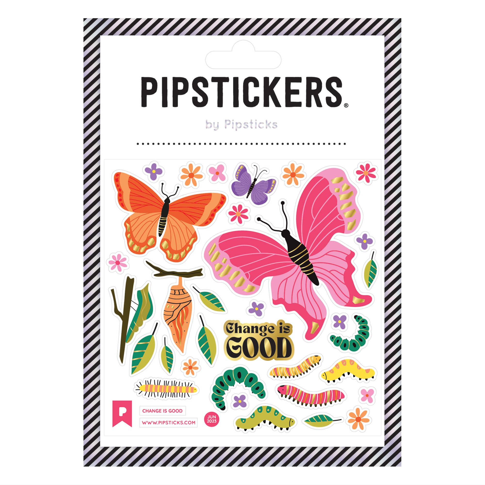 Change Is Good Stickers featuring butterflies, flowers, and a gold butterfly design on a clear backing with holographic accents. Unique PVC designs.