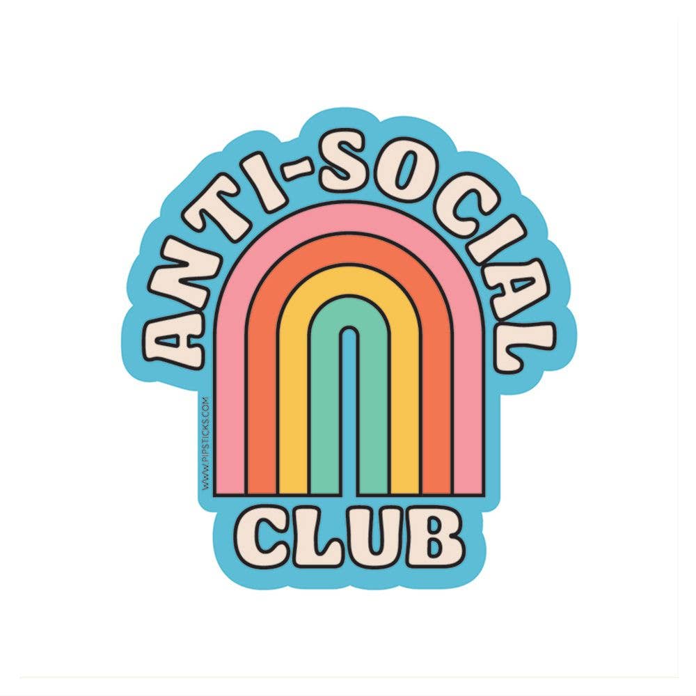 A unique Anti-Social Club Vinyl PipSticker featuring a rainbow design with text, perfect for sticker lovers.