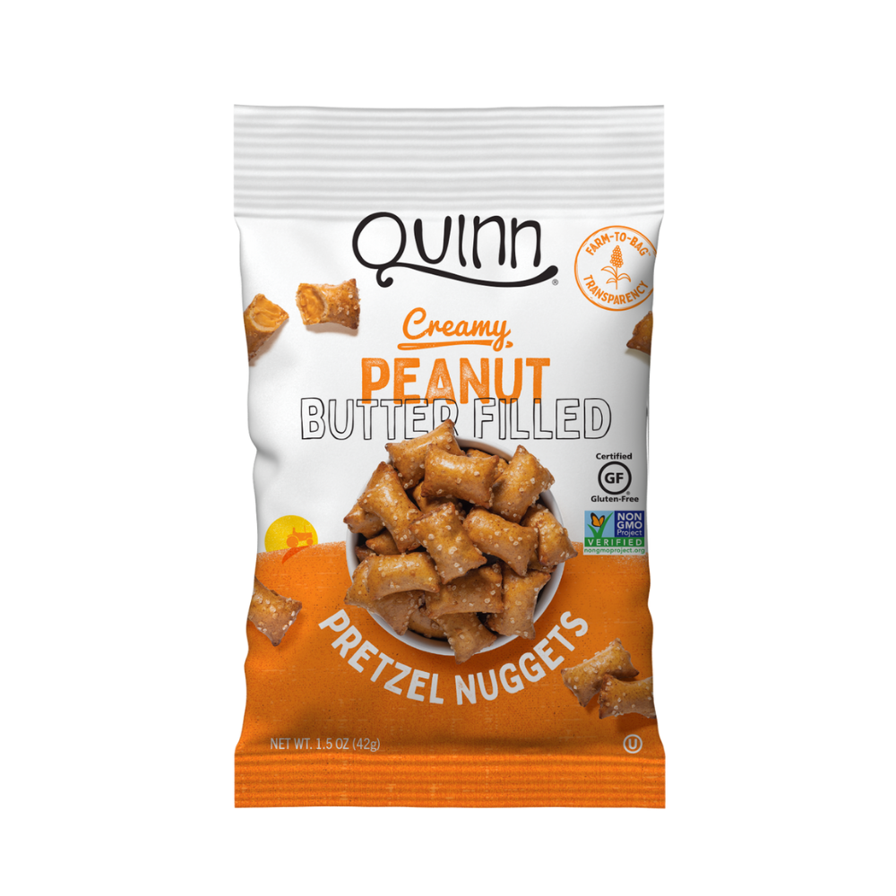 A close-up of Quinn Creamy Peanut Butter Filled Pretzel Nuggets, a gluten-free snack with a perfect blend of sweet peanut butter and crunchy pretzel. Dairy-free, corn-free, and vegan-friendly.