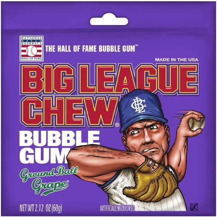 A blue package featuring a cartoon baseball player, a baseball, and a glove. Big League Chew Grape Bubble Gum, 12ct, perfect for baseball fans.