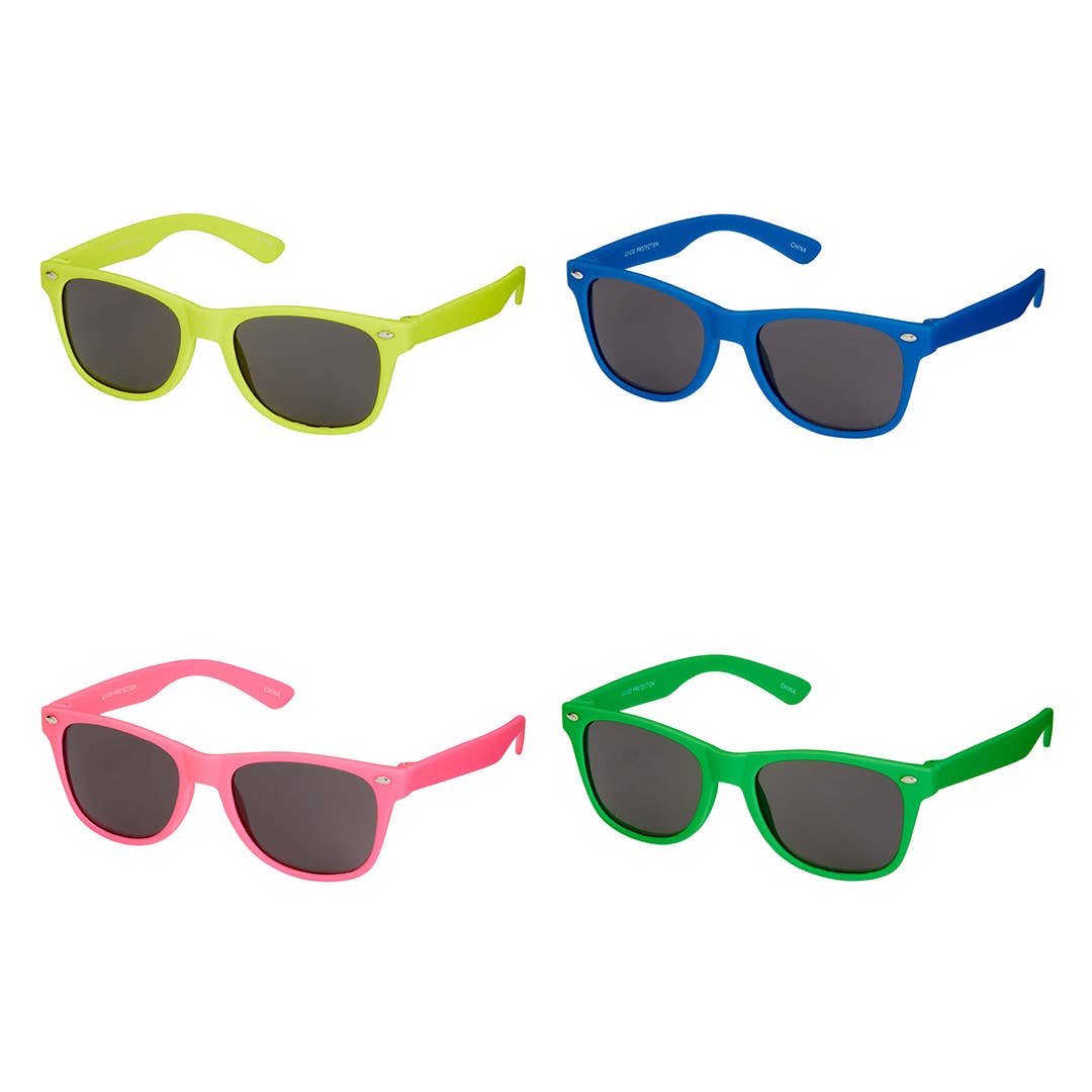 A selection of kids' sunglasses in various styles like wayfarers, aviators, roundies, and hearts. Designed for fun and UV protection.