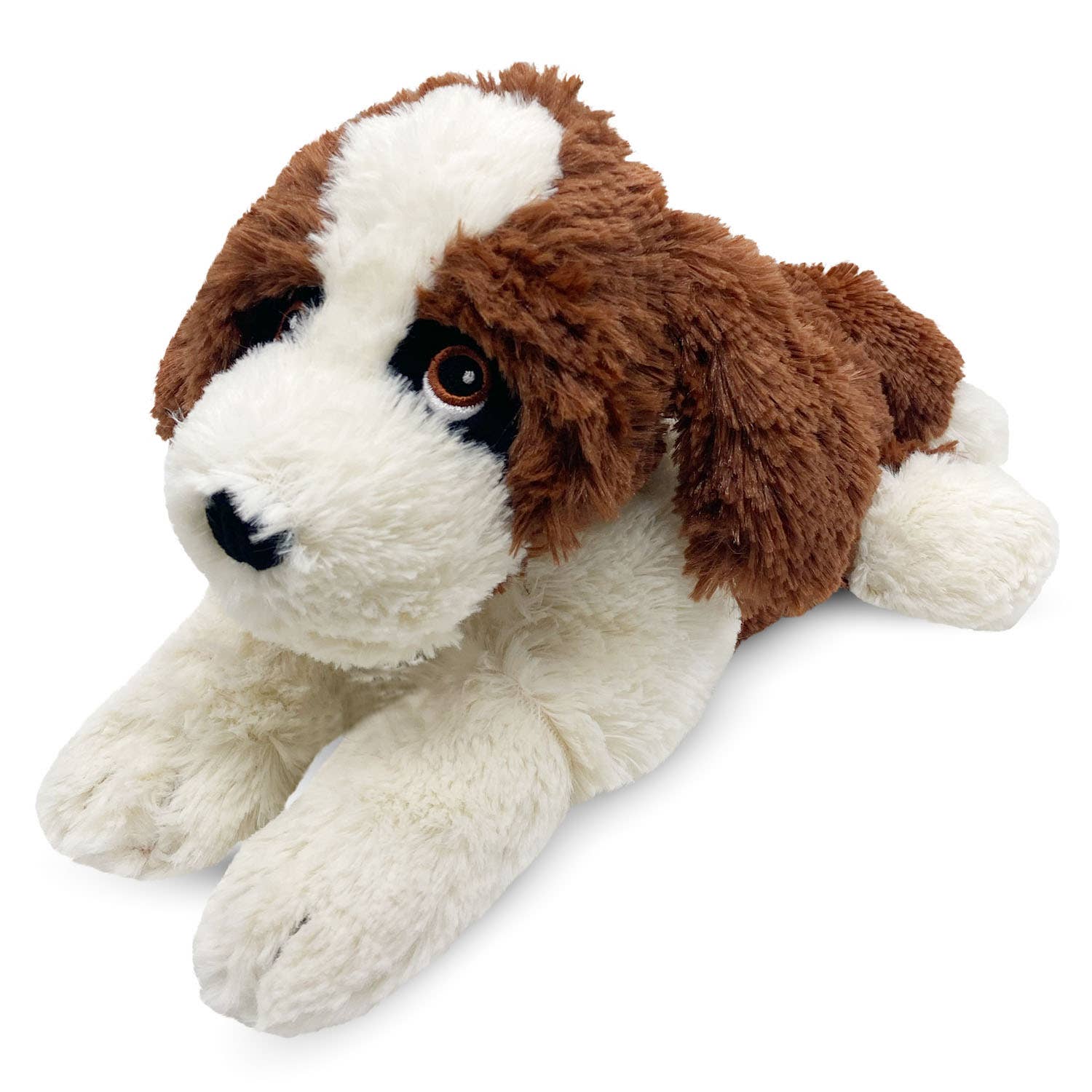A microwavable St. Bernard Warmies plush toy scented with real French lavender. Close-up of fluffy toy with black and white paw and detailed eye. Dimensions: 19”x6”x6”.