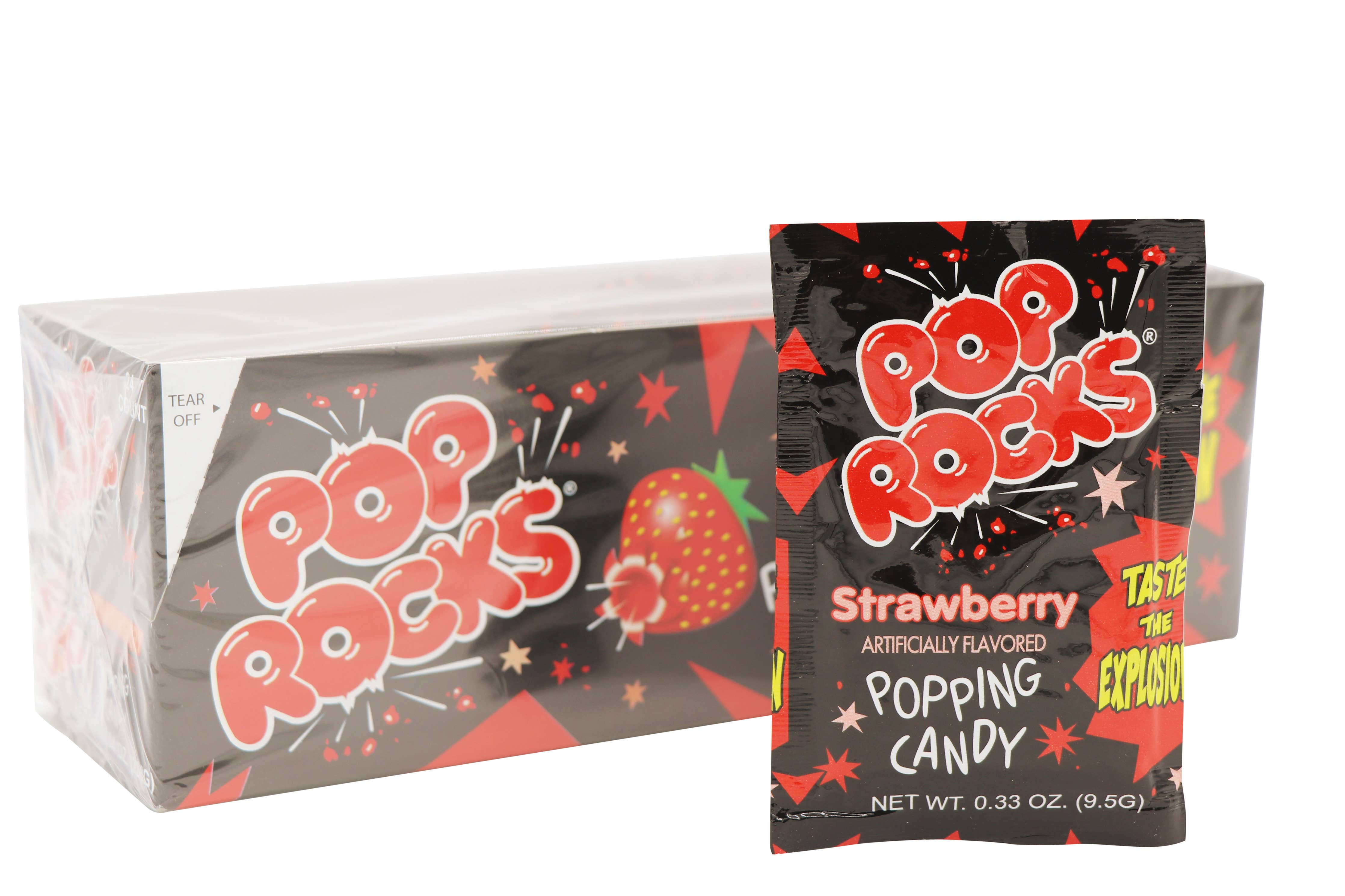 Image of Pop Rocks, Strawberry, 0.33oz, 24Ct Case by Grandpa Joe's Candy Shop packaging. The main package is black with red and white text, showing a strawberry graphic. A smaller packet to the right highlights "Strawberry" flavor and "Taste the Explosion" slogan. This nostalgic candy brings back the magic of childhood treats.