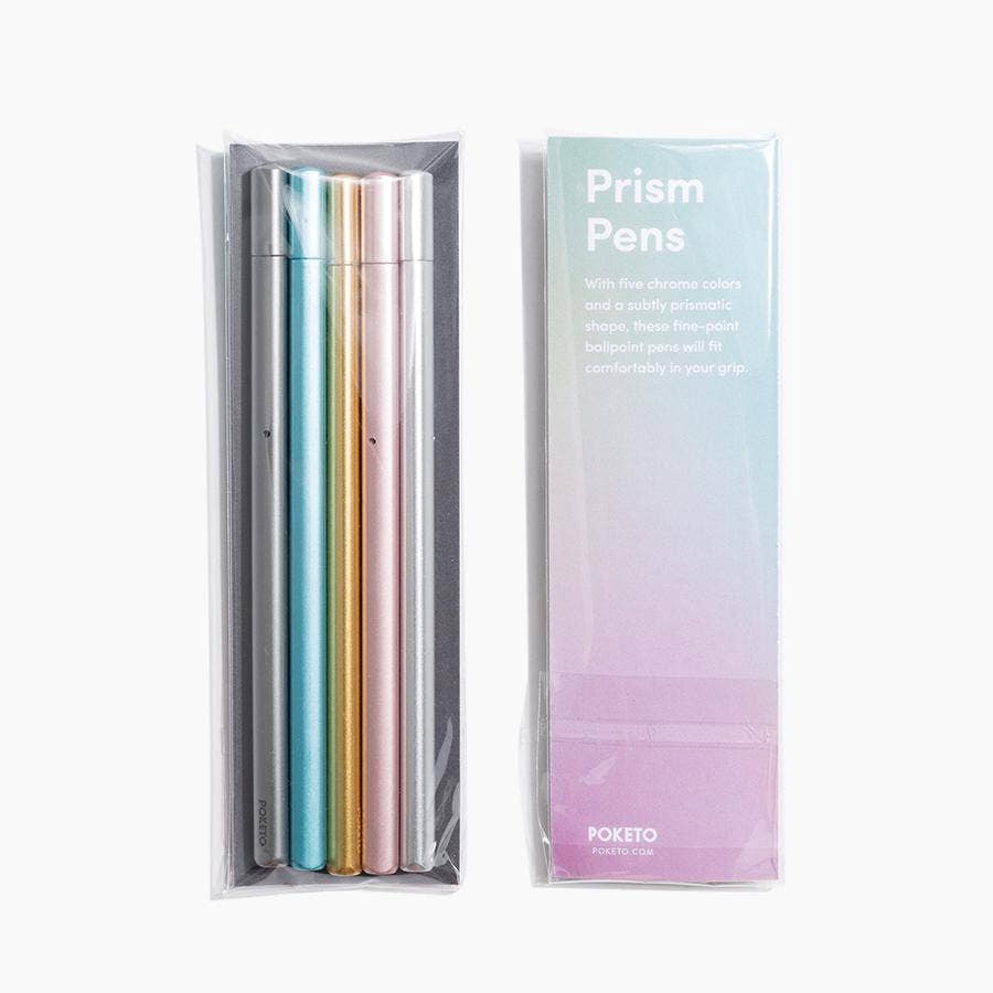A package of Prism Rollerball Pens Set of 5, featuring a shimmering chrome finish and a prismatic shape, ready to illuminate your writing.