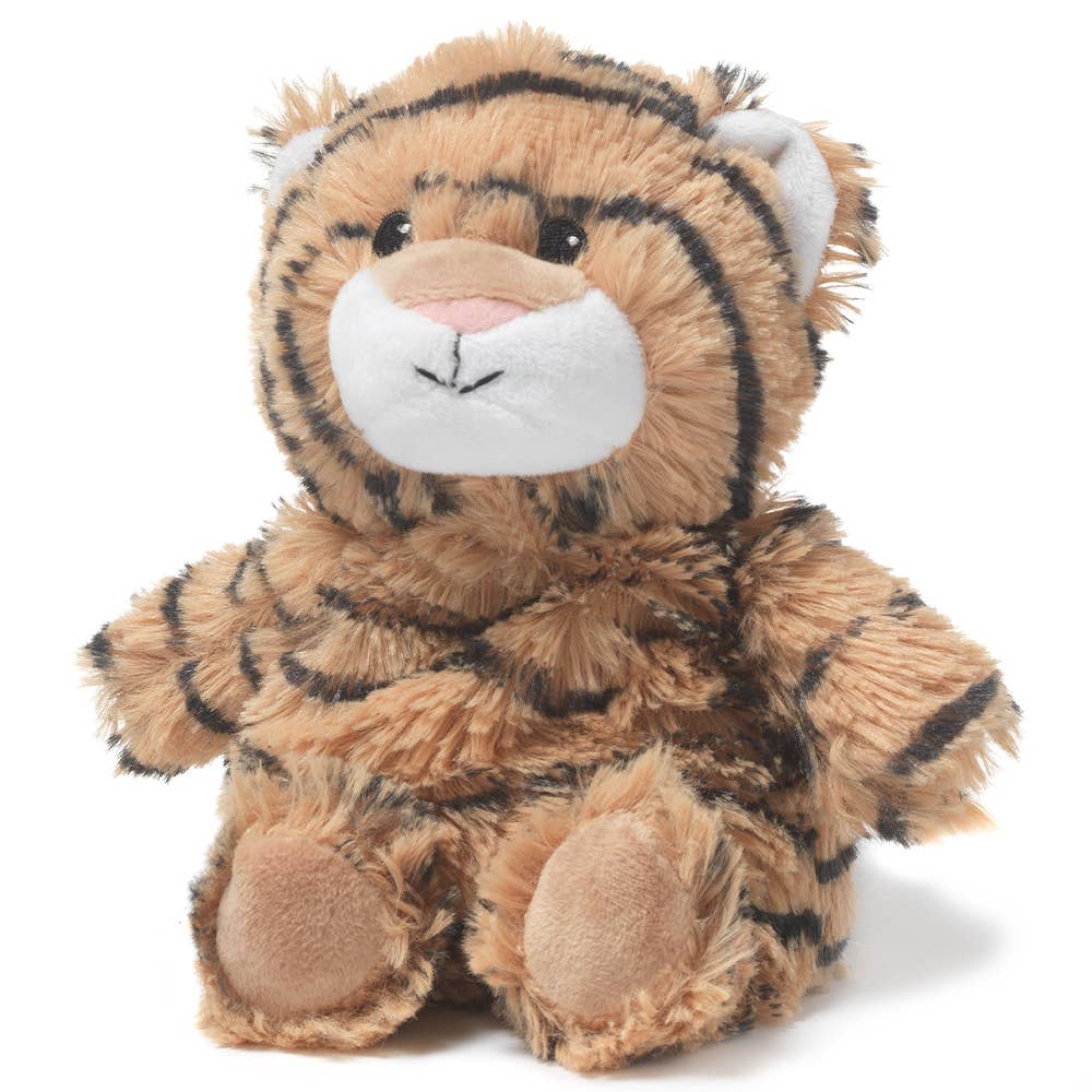 A 9 Warmies® Plush Tiger Junior, a cozy stuffed animal with French lavender scent for warmth and comfort. Ideal for all ages, microwave-safe for soothing relief.
