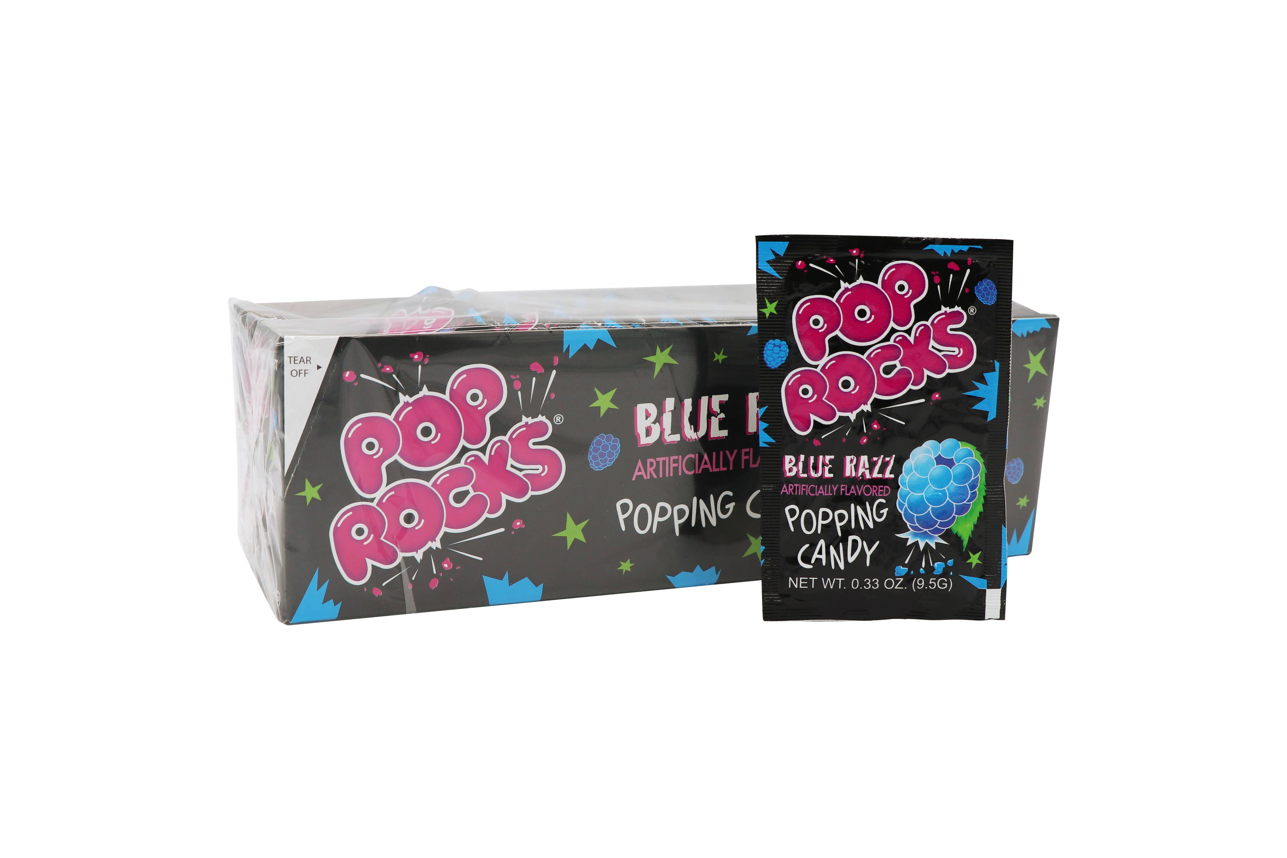 Image of a box and a single packet of Pop Rocks, Blue Razz, 0.33oz, 24Ct Case. The packaging is black with colorful stars and text. The box text reads “Blue Razz Artificially Flavored Popping Candy” and the packet says “Blue Razz Artificially Flavored Popping Candy Net Wt. 0.33 oz (9.5g)” by Grandpa Joe's Candy Shop.