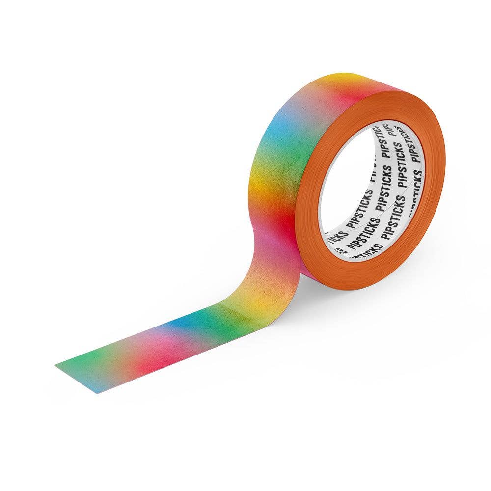 A roll of Pipsticks Gradient Rainbow Washi tape, perfect for crafting and decorating. Removable paper tape with just the right tackiness. Ideal for planners, journals, and more. Dimensions: 15mm x 10m.