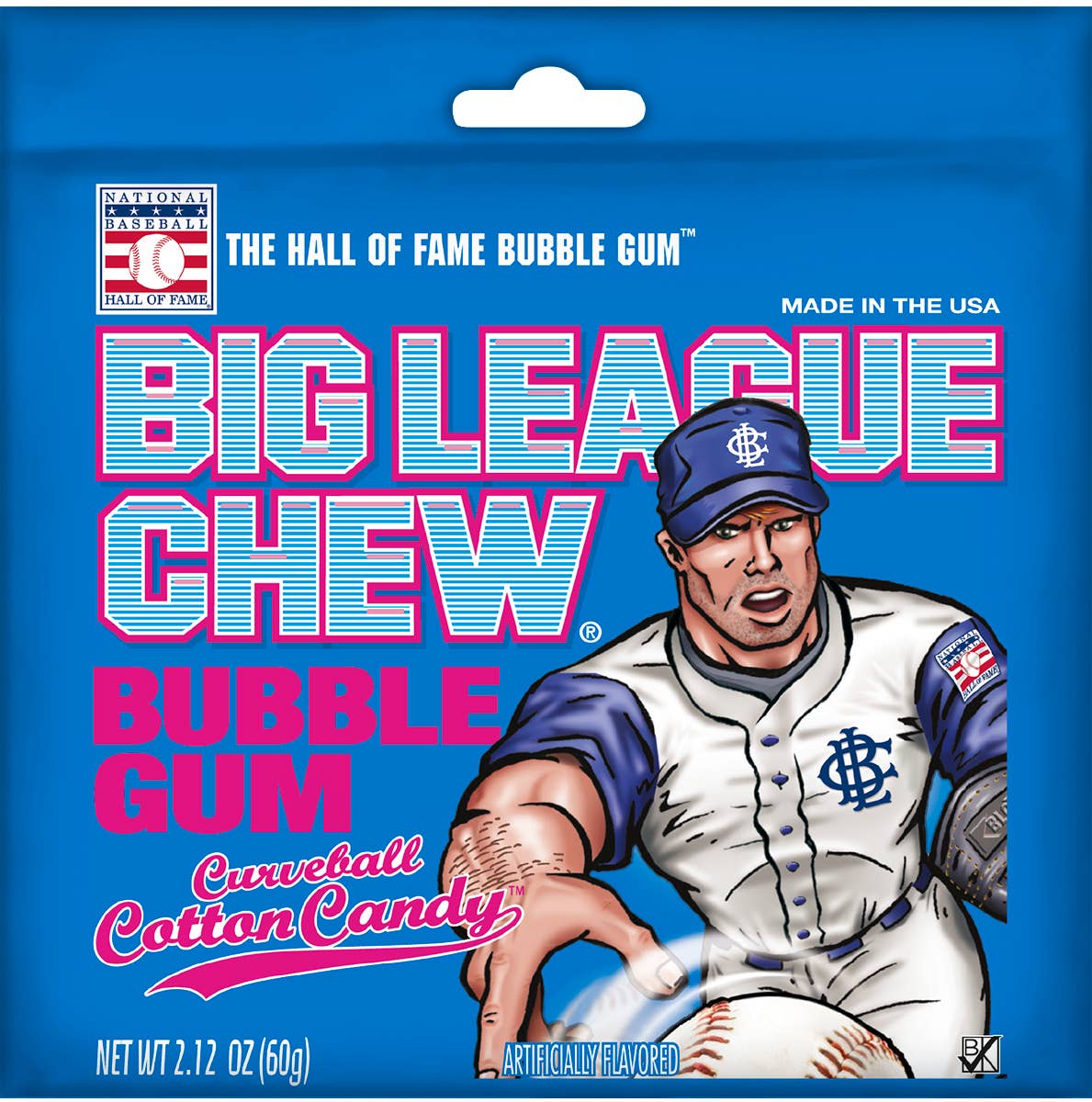 A blue package featuring a cartoon baseball player, a blue hat, and a baseball logo. Big League Chew Cotton Candy Bubble Gum, 12ct, perfect for baseball fans.