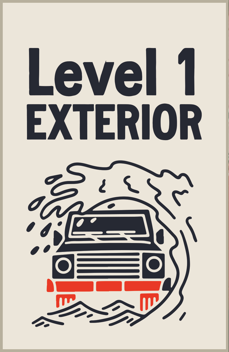 Exterior Packages: Graphic poster featuring a car with smoke, black letters F and E, and white circle. Offers 4 levels of exterior treatment with ceramic coatings.