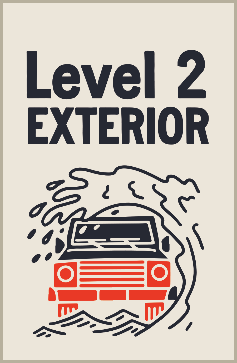 Exterior Packages: Poster featuring a car with smoke, F letter, and striped backgrounds. Offers 4 levels of treatment with ceramic coatings. Varying services and durations.