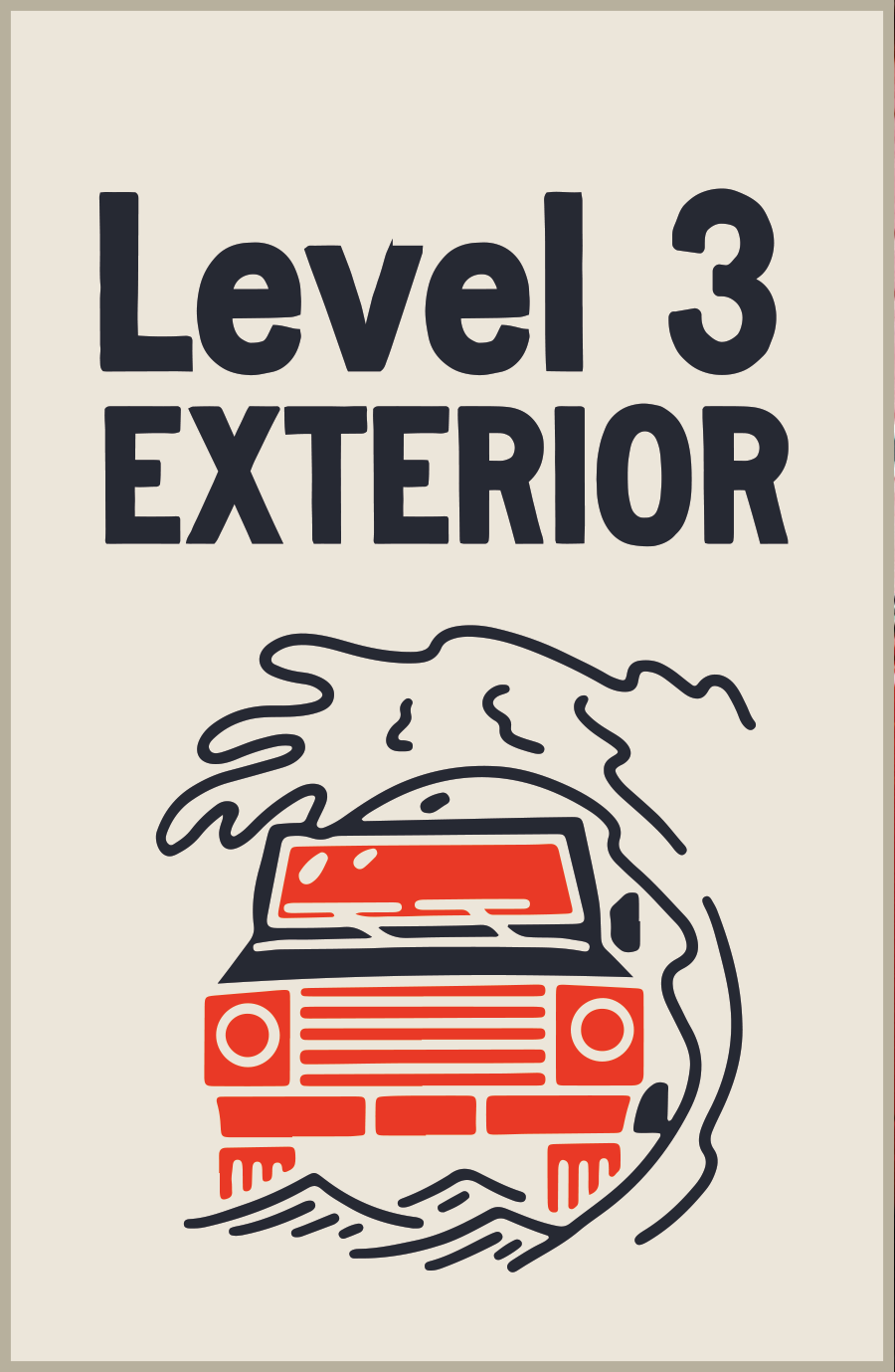 Exterior Packages: Car sign, smoke, F letter, red stripes, and black text. Levels 1-4 offer varying treatments like hand wash, ceramic coating, and paint correction.