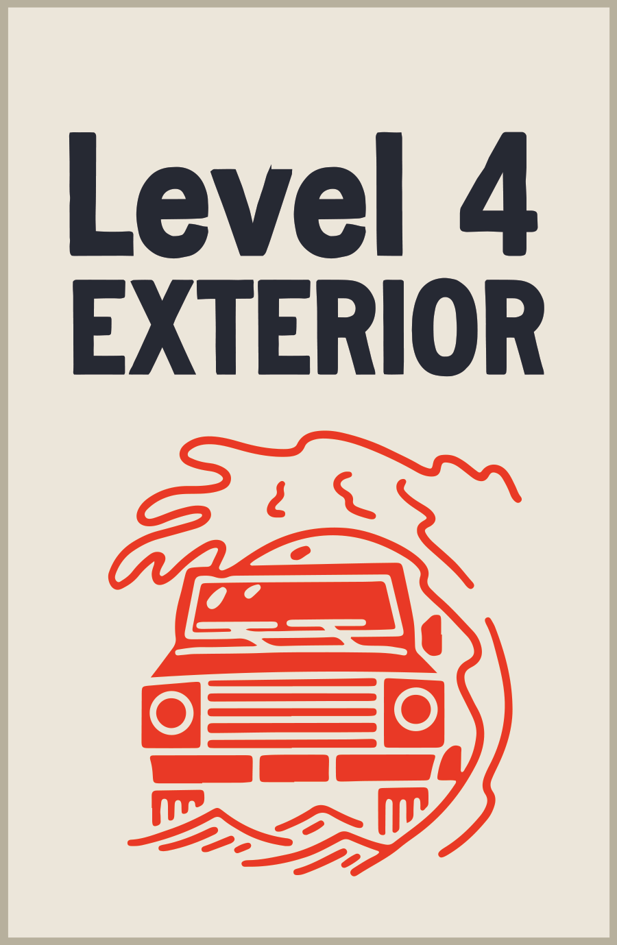 Exterior Packages: A sign featuring a car, red car emitting smoke, and various text elements. Offers 4 levels of exterior treatment with ceramic coatings, detailing, and paint correction options.