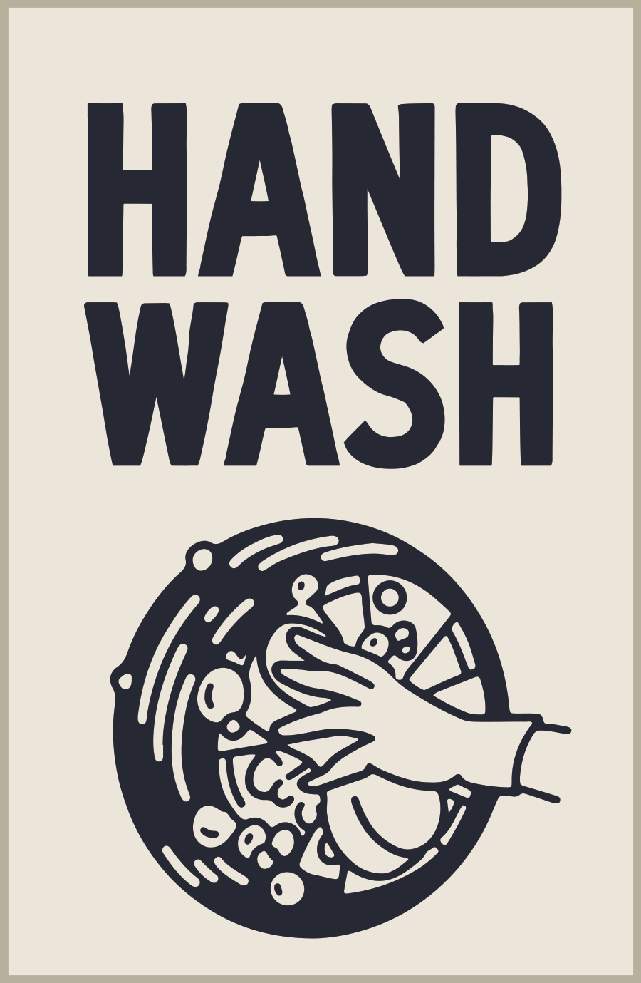 Hand Wash product sign with hand-drawn hand, black letters, and washing instructions. Promotes two bucket method, wheel detailing, hand drying, and interior vacuuming. Time: 45 min - 1 hour.