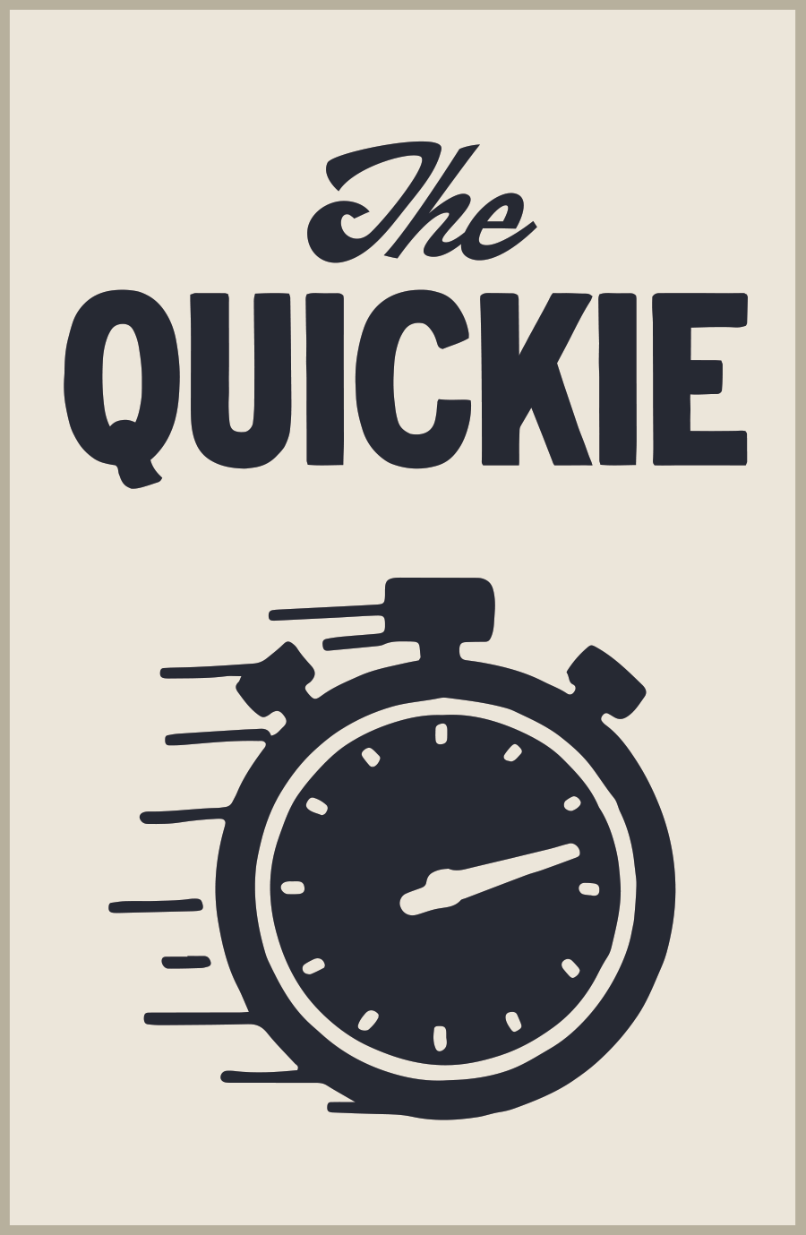 A black and white stopwatch sign featuring The Quickie product title, with clock and text elements, aligning with touchless wash and towel dry functionality.