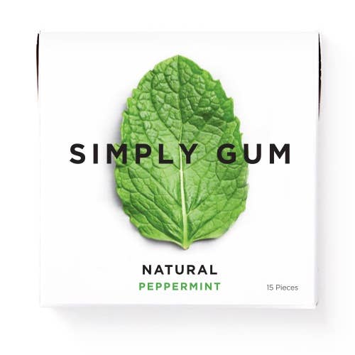 Close-up of Simply Gum's Peppermint Chewing Gum box with mint leaf details and logo, showcasing 15 pieces/box. Dimensions: 2.5 x 2.5 x 0.6.