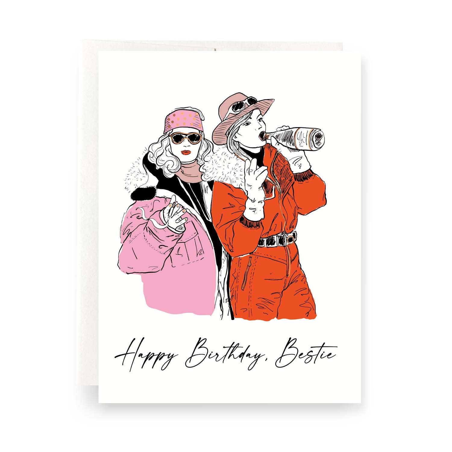 Besties Birthday Greeting Card featuring a cartoon of two women drinking, one with a bottle and the other with a can, winter clothing, and a hand close-up.