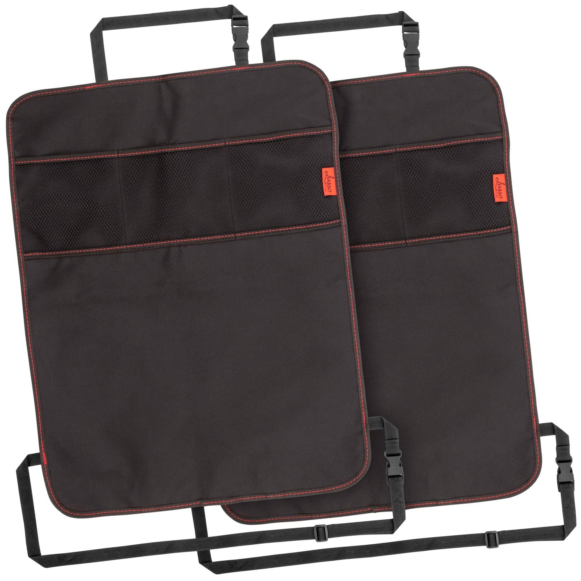 Black kick mats with 3 pockets, ideal for all car types. Waterproof and machine washable for easy maintenance. Measures 19 x 25 inches.