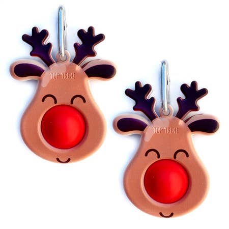 A pair of reindeer-shaped keychains with soft silicon bubbles inside, part of Top Trenz Inc.'s OMG Mega Pop collection. Perfect for on-the-go fidget fun.