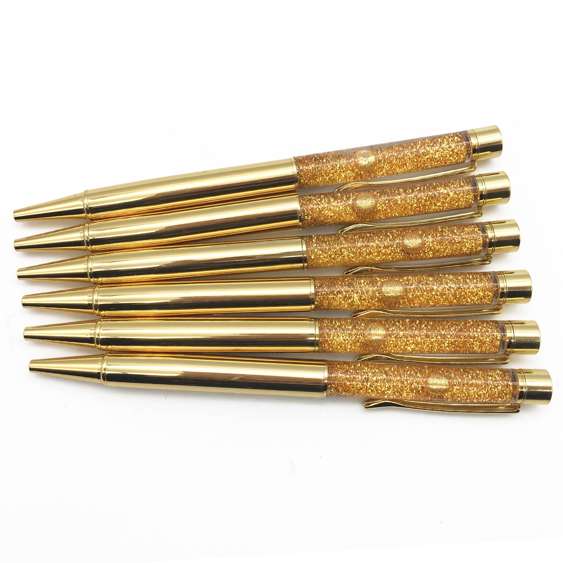 A set of 6 gold liquid glitter pens with black ink, refillable. Perfect for customizing with our acrylic displays.