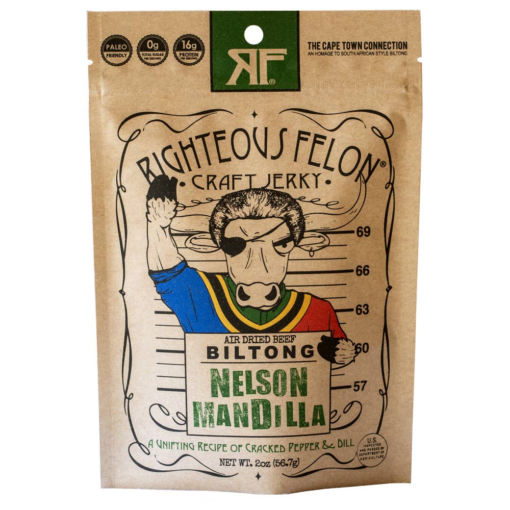 Nelson Mandilla Biltong 2oz package featuring dill pickle flavor fusion. South African biltong with dill, black garlic, red wine vinegar, and peppercorn. High protein, low sugar, low carb snack.