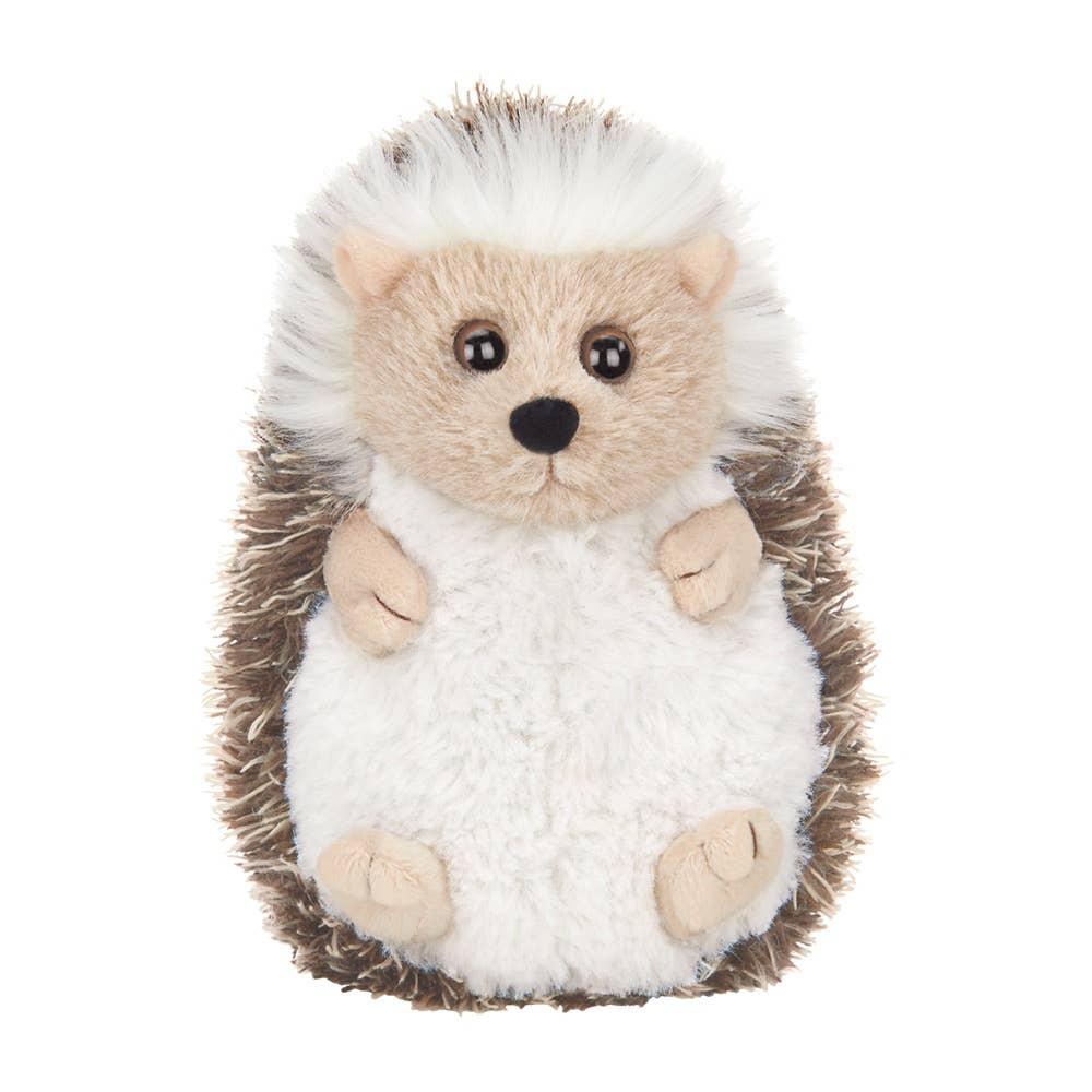 A 5.5-inch Bearington Collection plush toy hedgehog named Higgy, featuring white and brown fur, with a close-up showcasing intricate details.