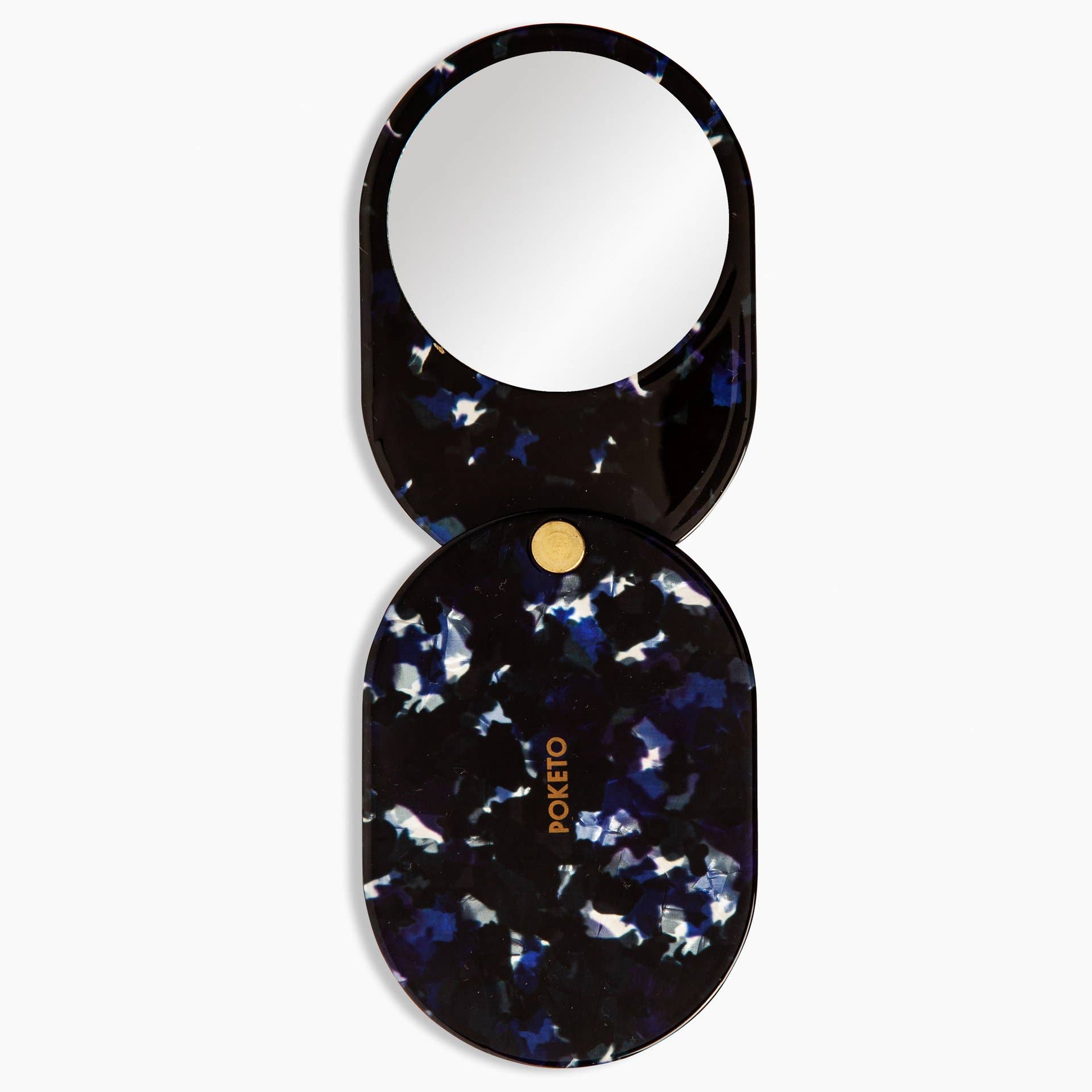 Acetate pocket mirror with swivel design, featuring a round white circle and a small mirror within. Perfect for on-the-go touch-ups. Coordinates with Wave Comb or Circle Comb.