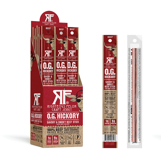 A group of red and white boxes with a red design, showcasing the NEW O.G. Hickory Beef Stick - 24 Pack. Savory, smoky 100% beef snack with garlic, onion, pepper flavors.