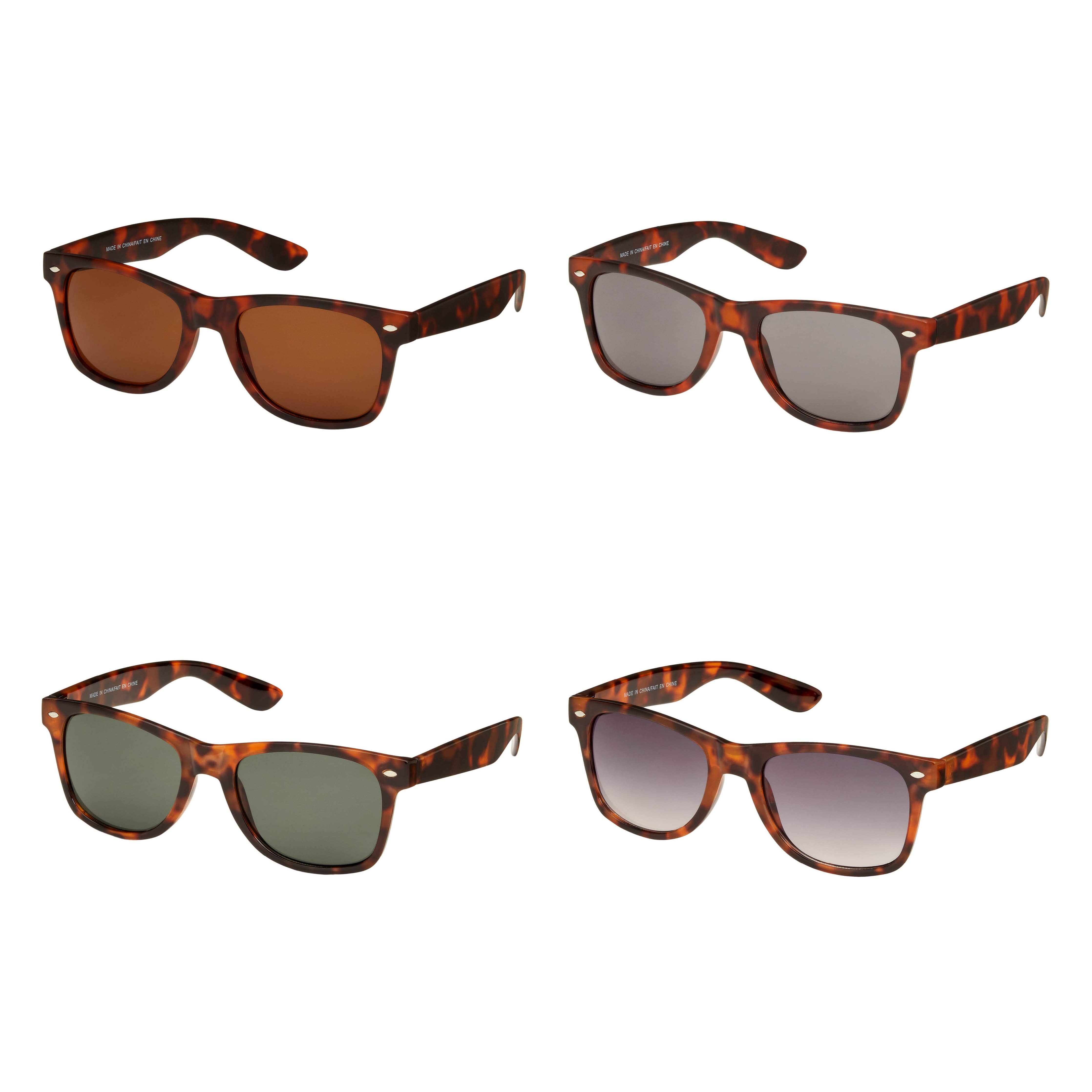 A collage of assorted classic sunglasses with tortoise shell patterns, gradient lenses, and UV protection. Ideal for men and women, featuring fun colors and timeless styles.