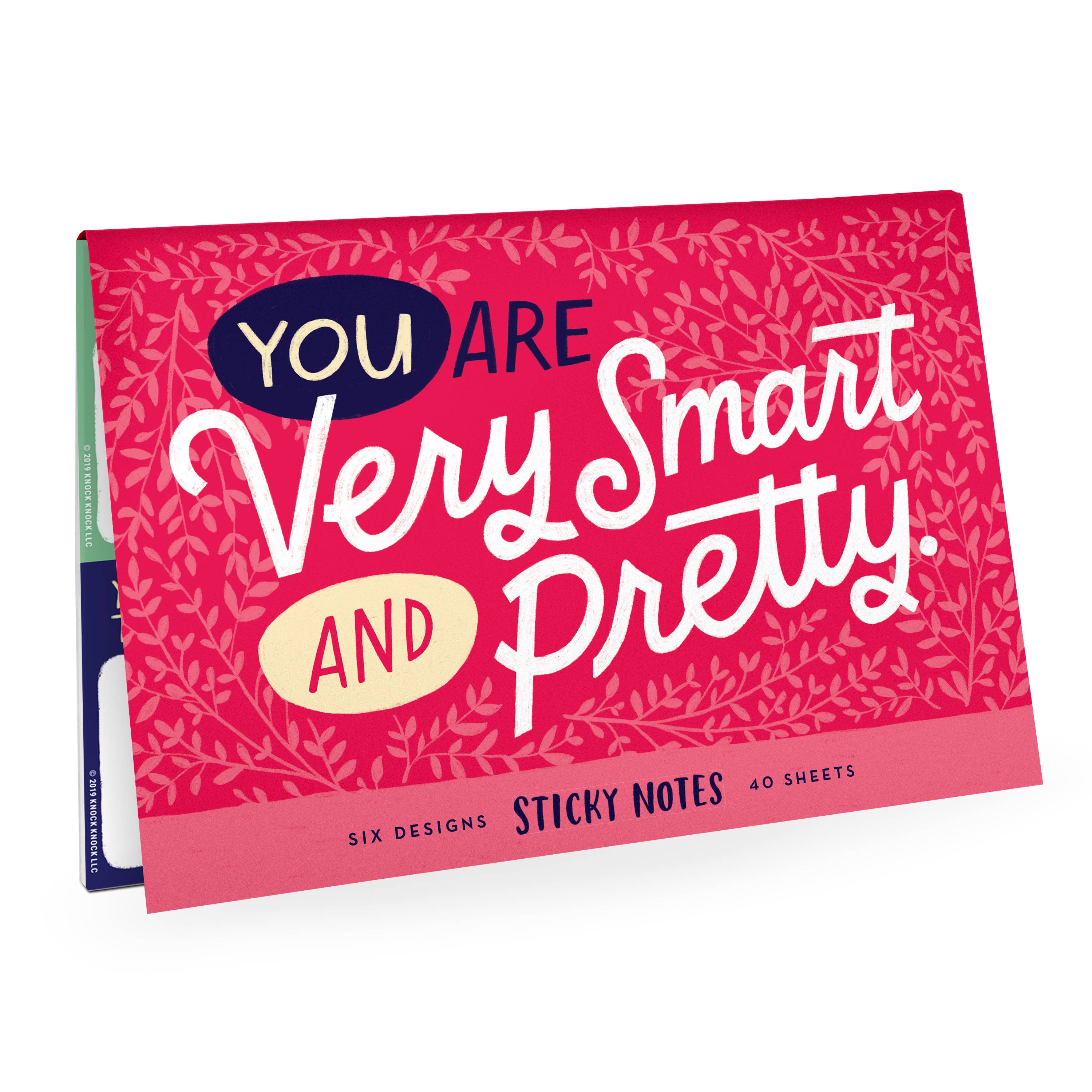 Six pink sticky note pads with white text, featuring 'You Are Very Smart and Pretty' message. Each pad measures 2.75 x 2.75 inches with 40 sheets. Encouraging self-affirmations for daily use.