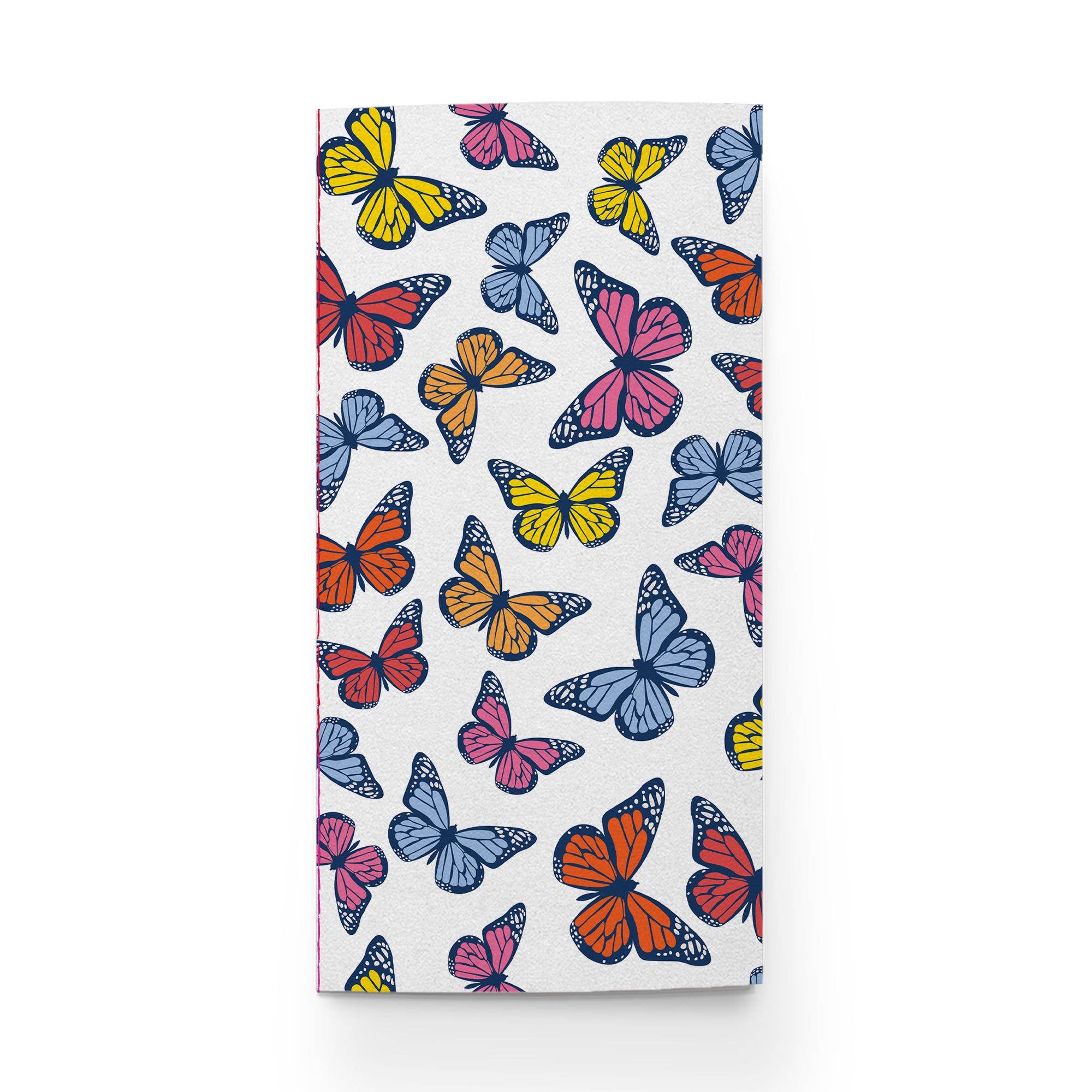 A dotted travelers notebook titled Social Butterflies featuring a butterfly pattern on a white surface. Perfect for journaling and scrapbooking, with 48 pages. Dimensions: 4.33 x 8.25.