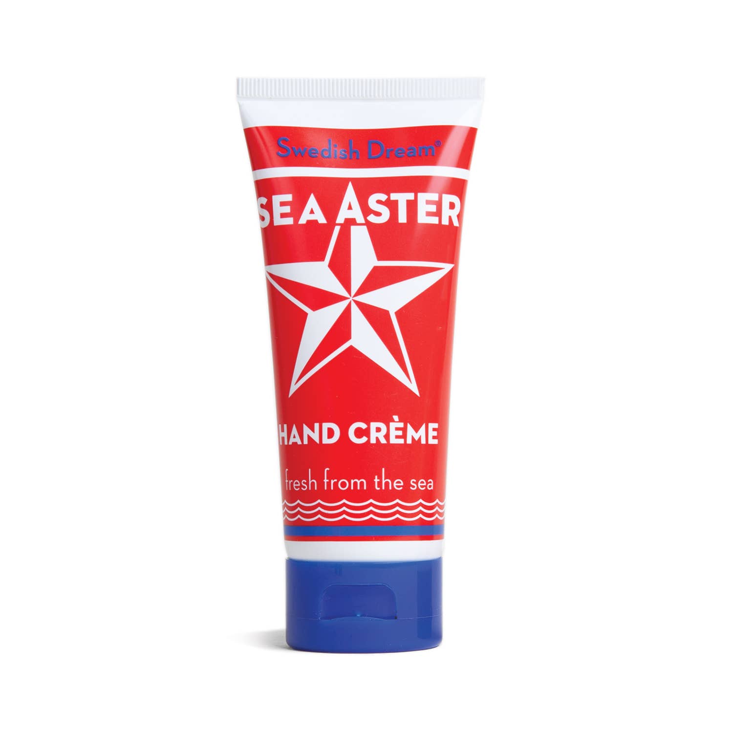 Sea Aster Hand Cream by Swedish Dream in a red and white tube. Luxurious 3 oz. crème with 20% shea butter, sunflower, lavender, calendula, olive oils, and sea aster essence for deep, non-greasy moisture.