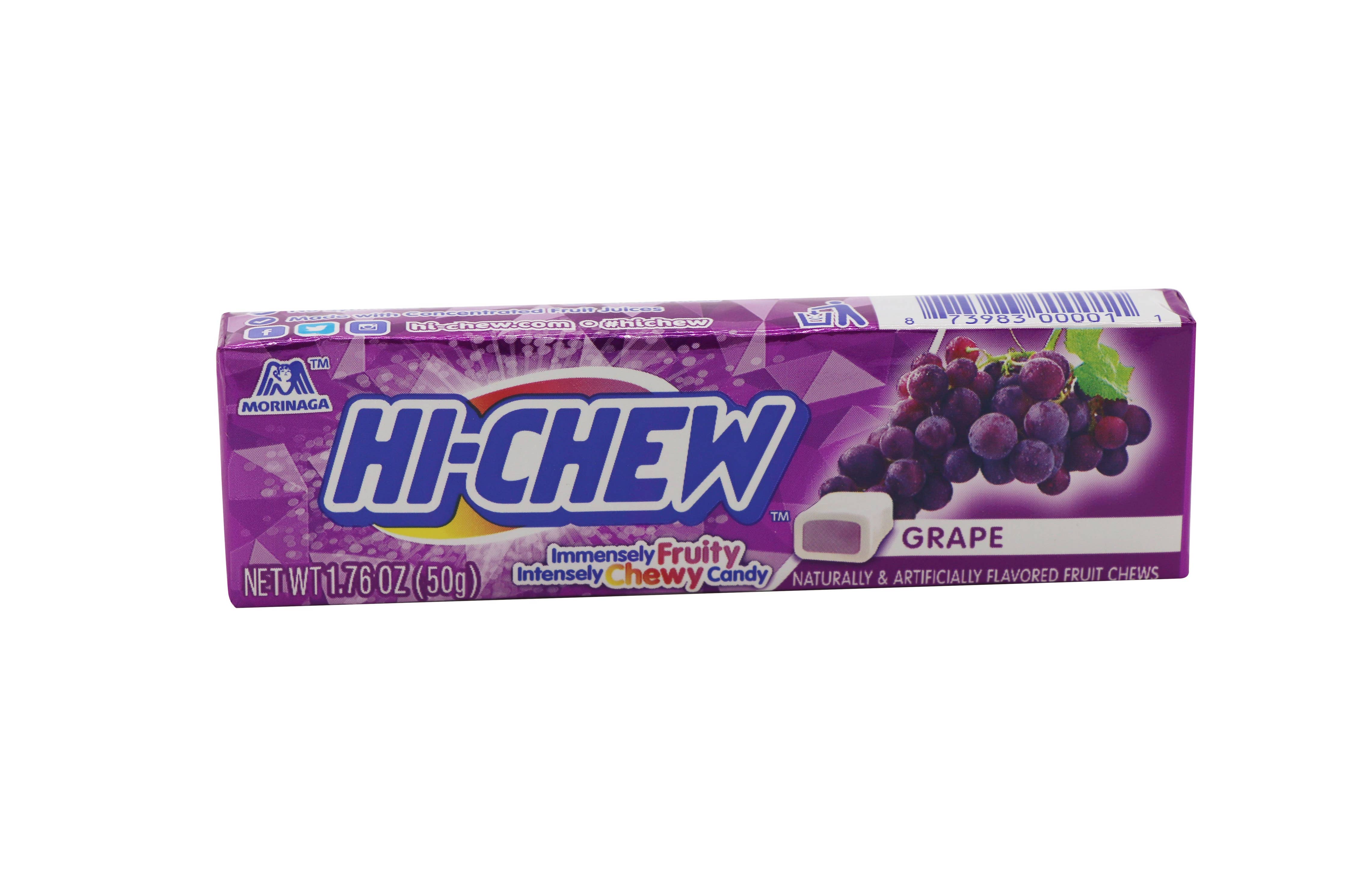Close-up of Hi-Chew Candy Grape Flavored packaging, showcasing a purple and white design with a logo. Juicy taffy known for long-lasting flavor, available in 8 delicious options.