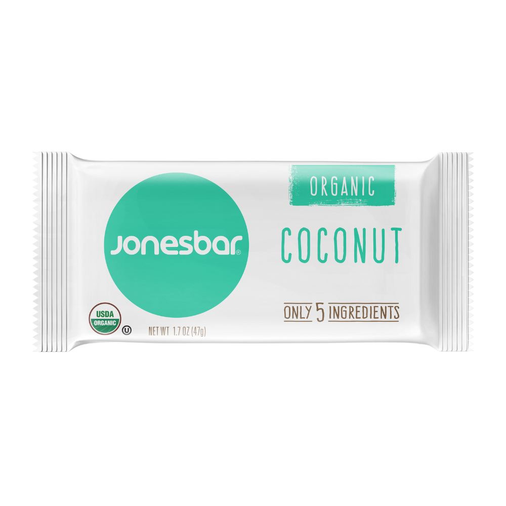 Organic Jonesbar Coconut Energy Bar 1.7oz - A white package with green text, a white and green candy bar, a green circle with white text, and a logo close-up.