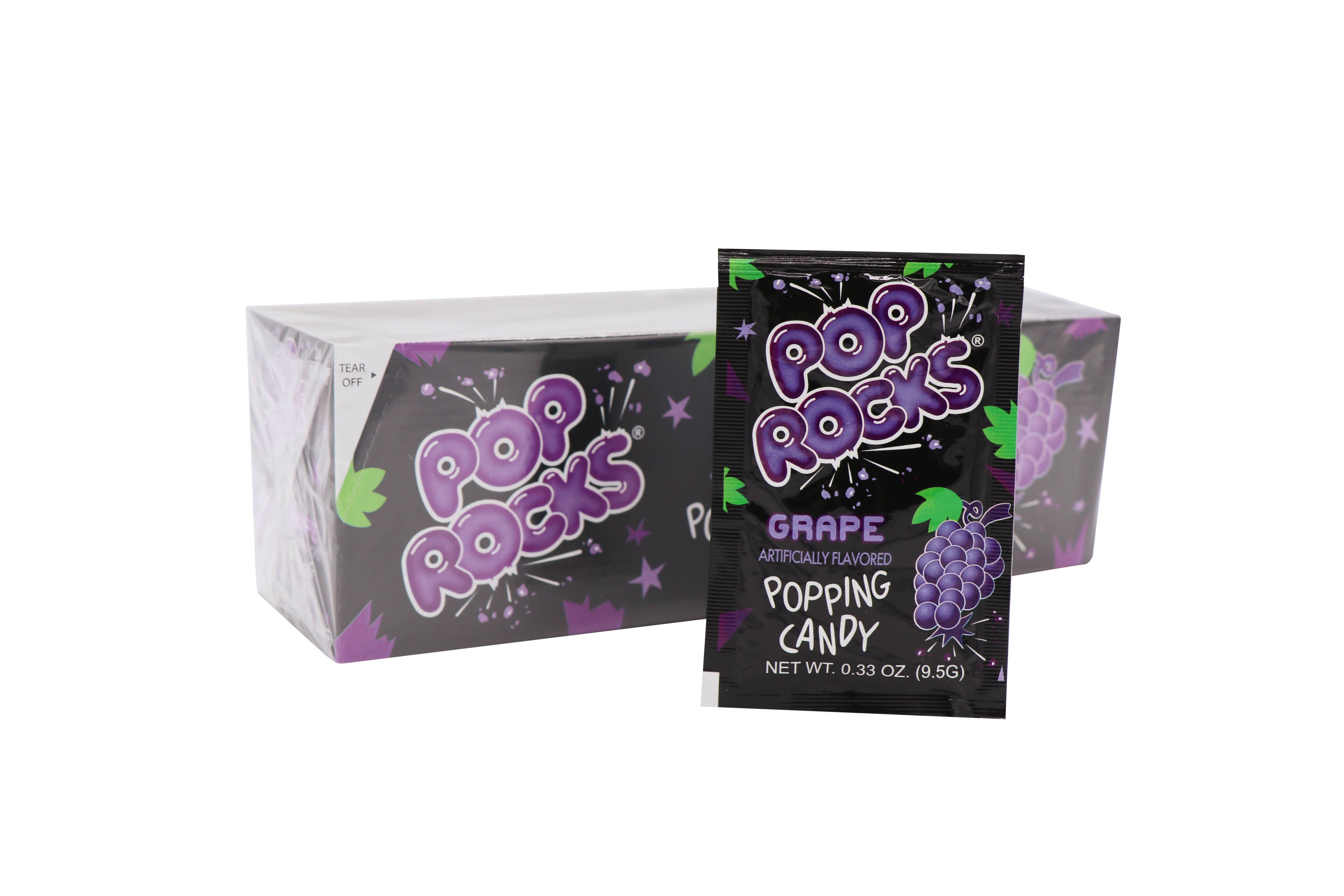 A close-up of Pop Rocks Grape candy packet, showcasing the iconic packaging design. Experience the nostalgic candy's fizzy, popping sensation in this 0.33oz, 24Ct Case.