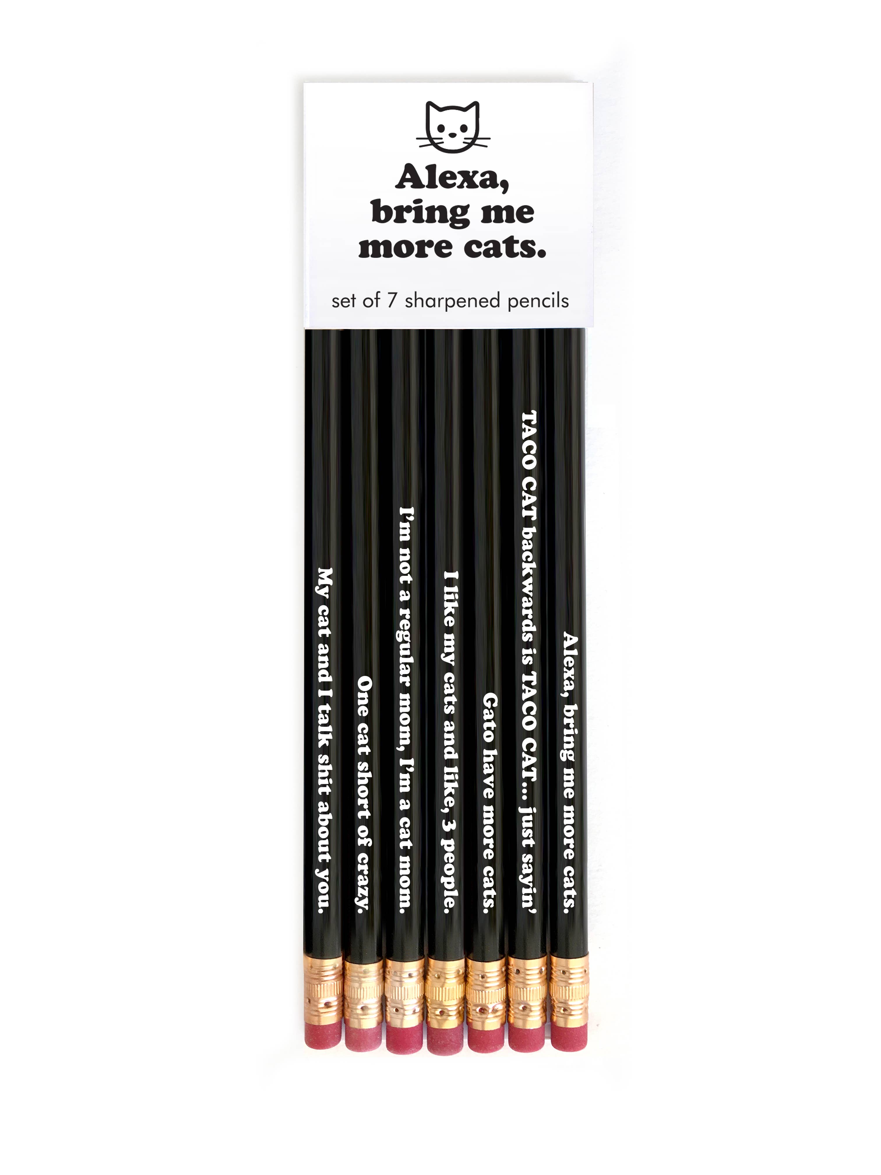 A group of pencils featuring the Alexa, Bring Me More Cats design in a kraft display. Includes 48 sets with various quotes.