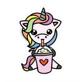 A whimsical sticker featuring a unicorn sipping from a cup, part of the What's Shakin' Vinyl collection. Perfect for sticker enthusiasts.