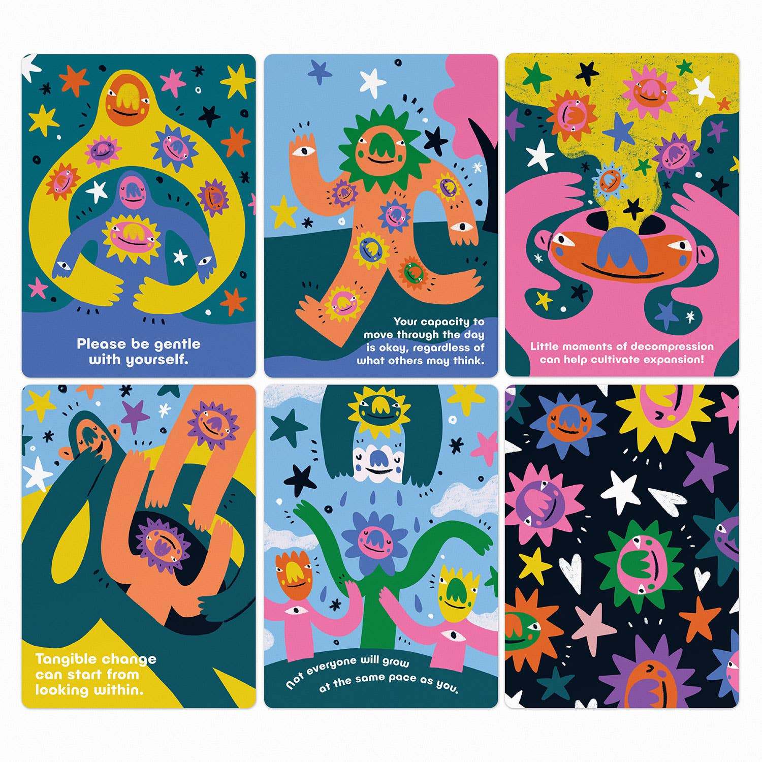 Illustrated self-care oracle deck by Barry Lee, featuring 40 cards with cartoon characters and a poster. Portfolio-style box with magnetic closure for mindfulness and meditation.