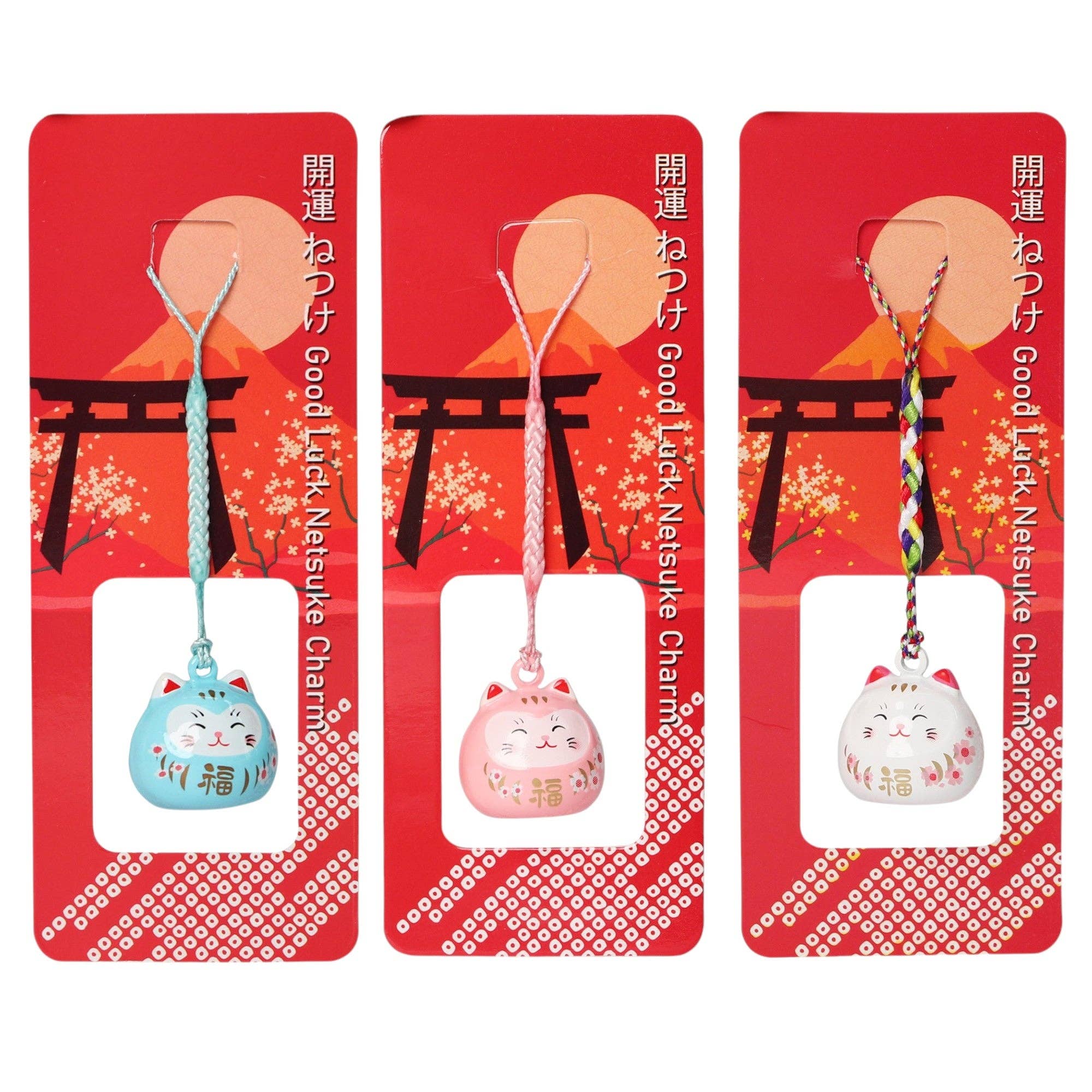 3 Piece Pack 4"L Daruma Cat Netsuke Bell Hanging Charm (1/180)