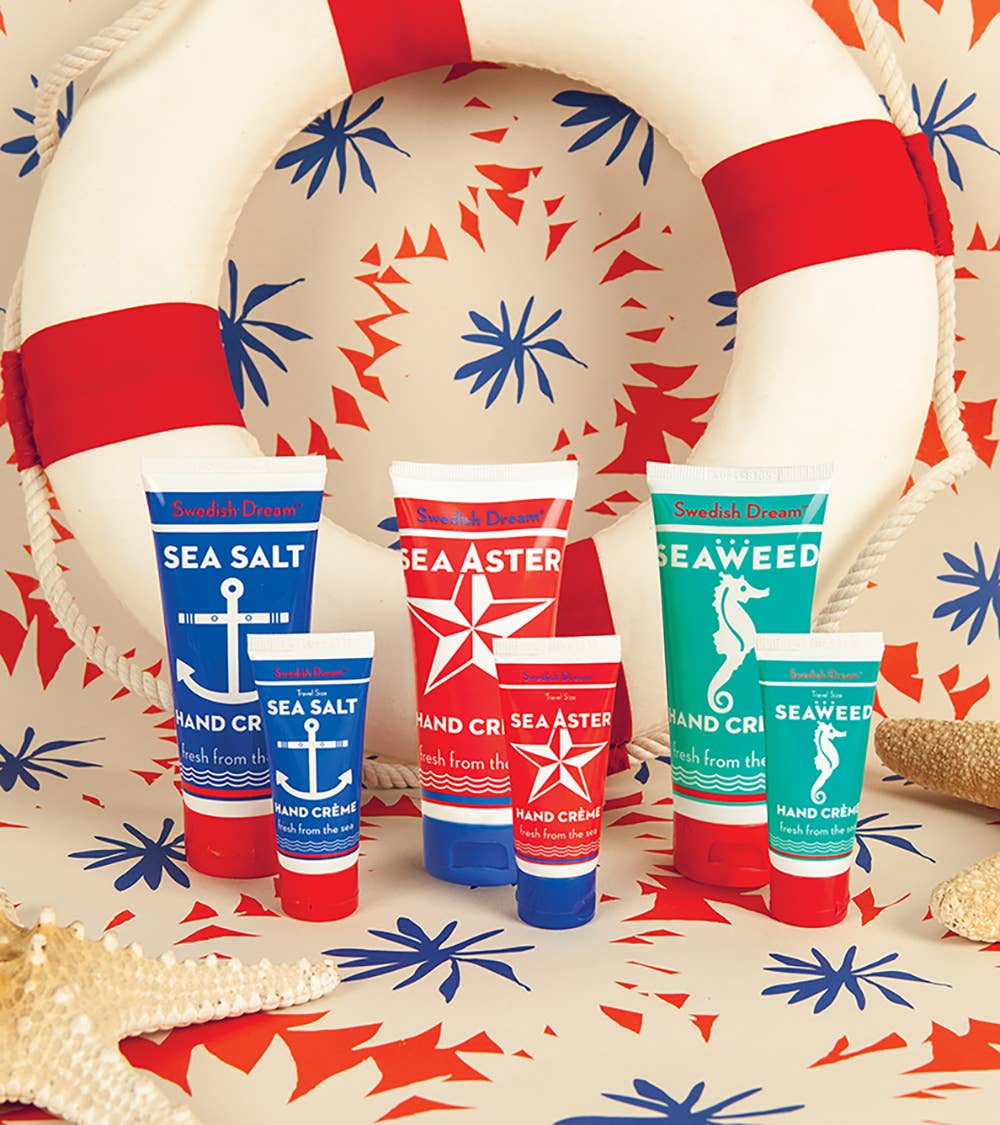 Travel Size Seaweed Hand Cream tubes, including red, blue, and white designs with star and anchor motifs, displayed in a group for bulk refill orders.