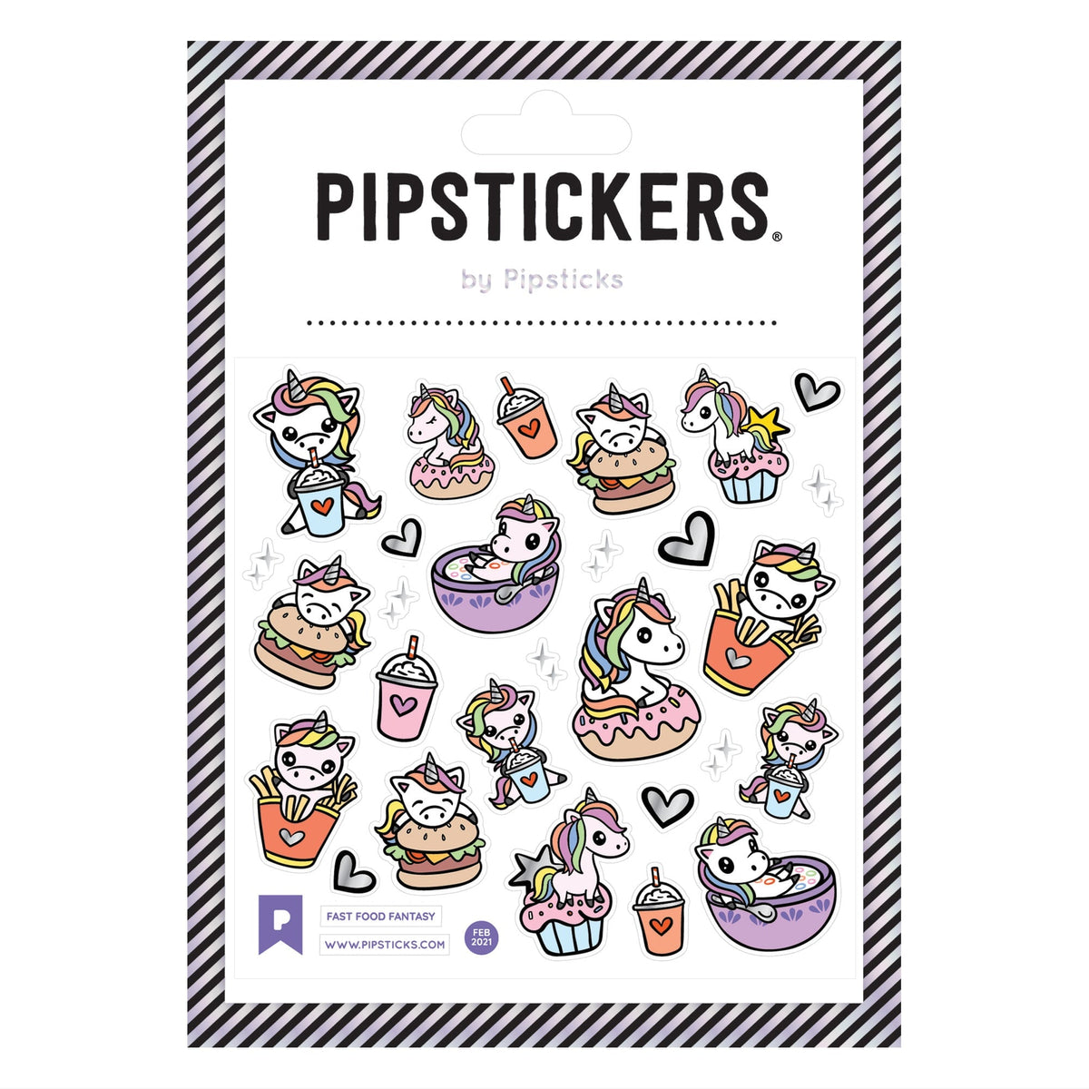 A sticker pack featuring whimsical Fast Food Fantasy designs: unicorns with drinks, in a bowl of cereal, with a burger, in a donut, and more. Holographic silver foil accents on clear backing.