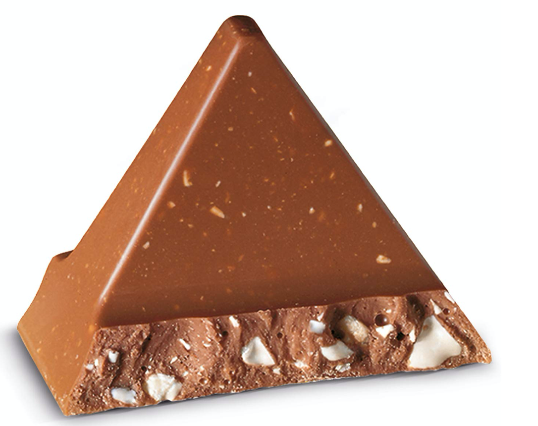 A chocolate Toblerone pyramid with white specks, European import. Perfect for special occasions, gifting, and holidays. Rich Swiss milk chocolate delight.