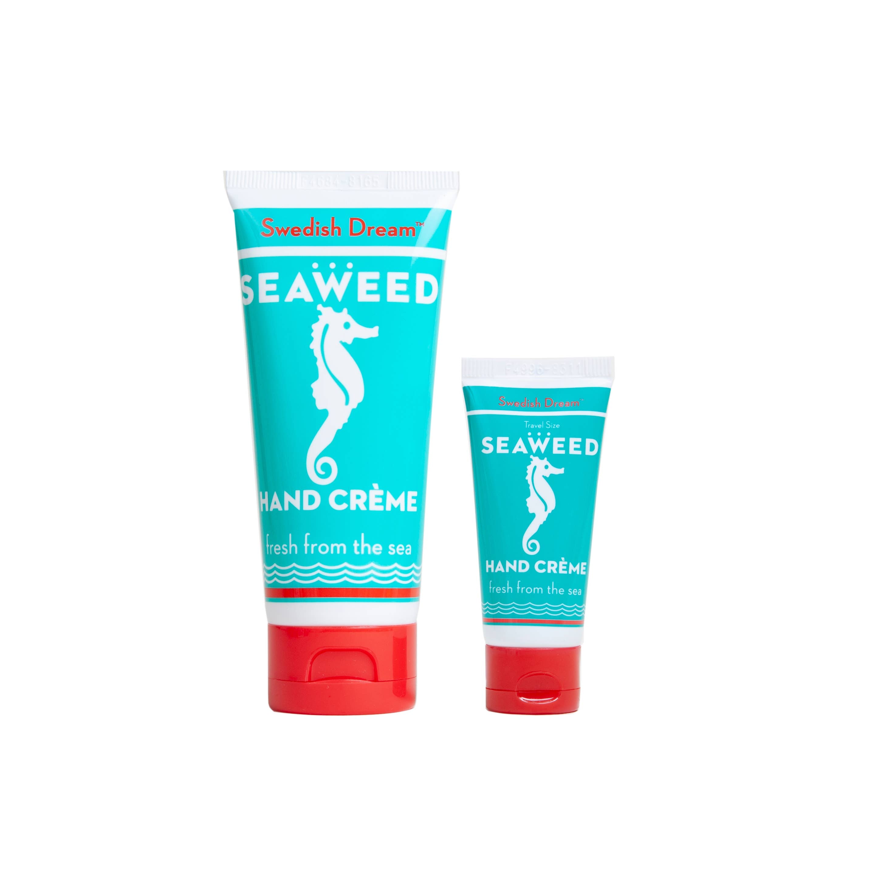 Travel Size Seaweed Hand Cream refill tube with blue design, white text, and seahorse logo. Toiletry for skin care, ideal for bulk orders.