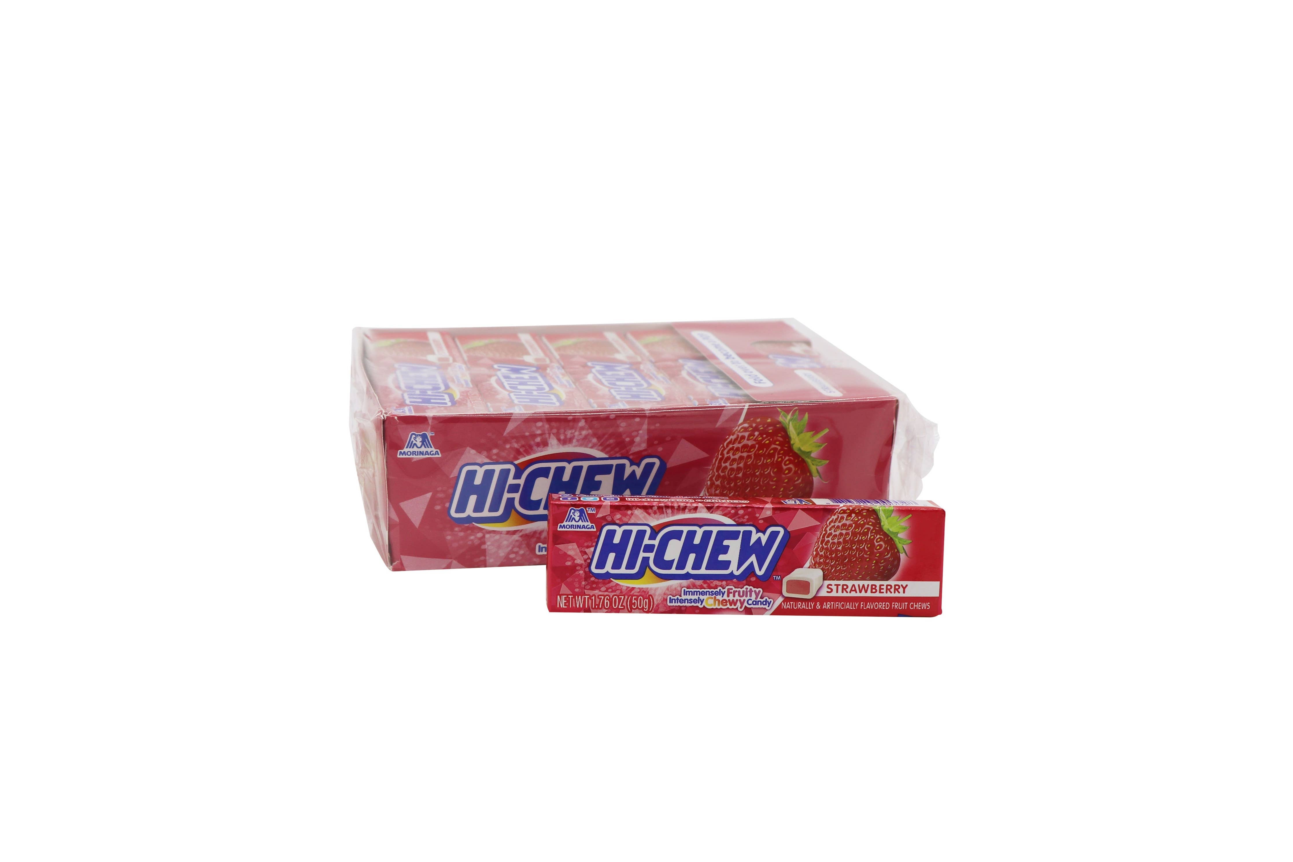 Close-up of Hi-Chew Candy Strawberry Flavored box, showcasing juicy taffy promise. 15ct pack with 8 flavors.