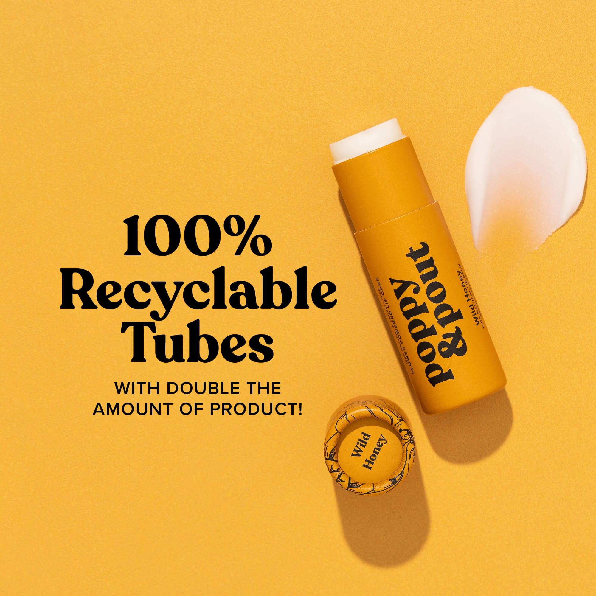 Hand-poured Wild Honey Lip Balm in eco-friendly tube. 100% natural ingredients, double-sized (0.3 oz), cruelty-free. Poppy & Pout's nourishing lip care.