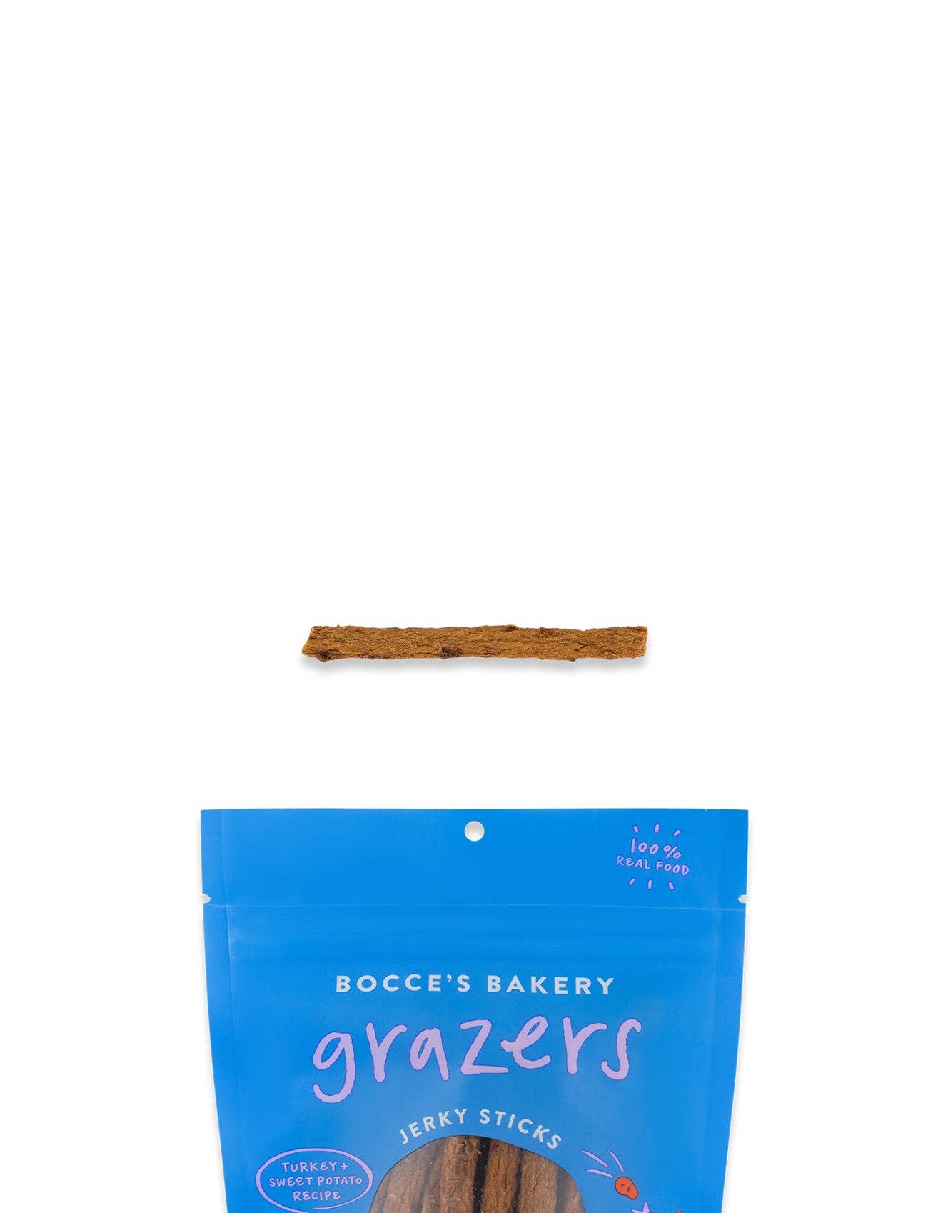 Grazers Turkey & Sweet Potato Jerky Sticks: All-natural, high-protein dog treats made in the USA with hormone-free turkey, sweet potato, and limited ingredients. No added salt or sugar. 